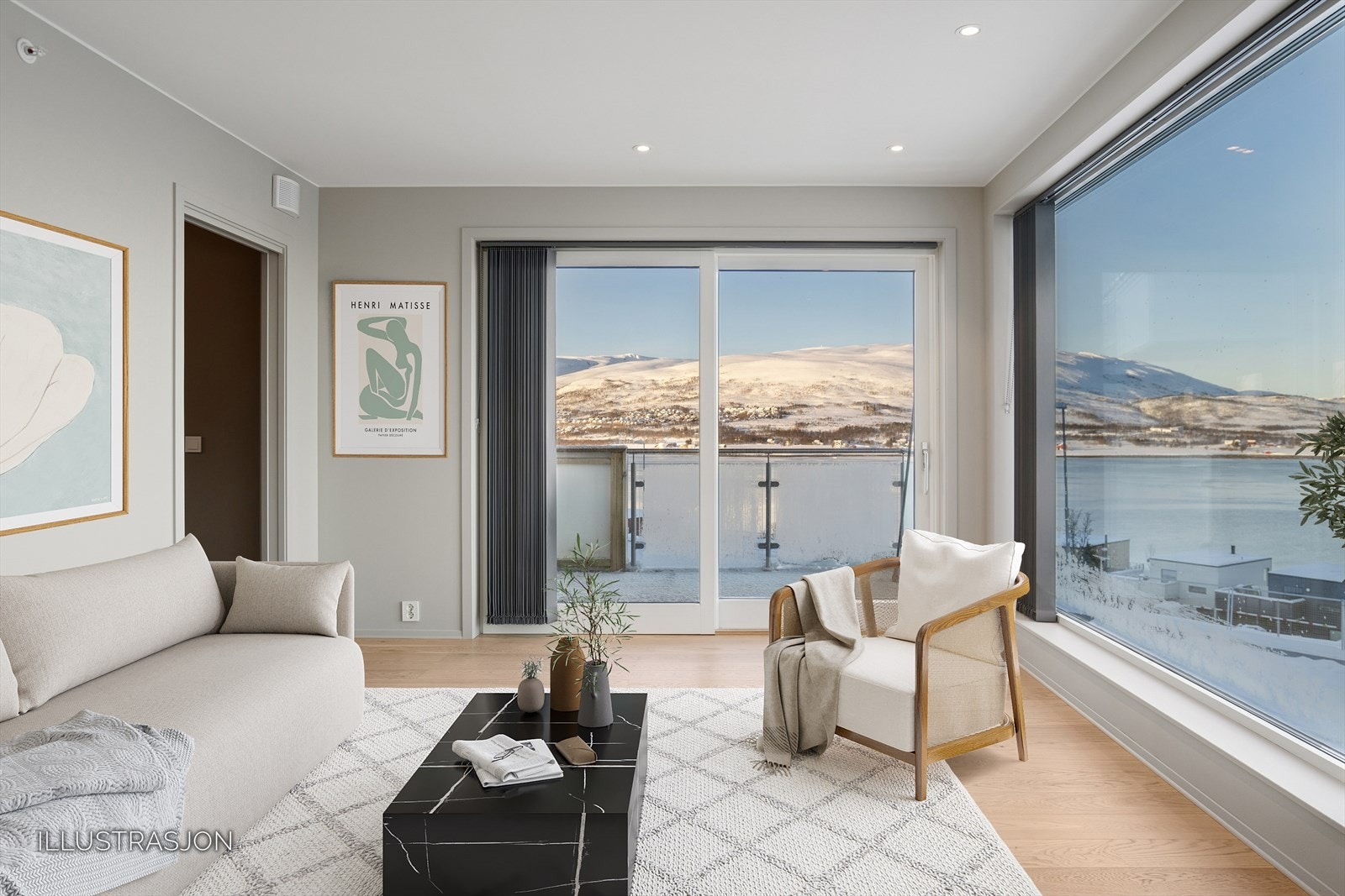 Nydelig utsikt fra store vinduer og mye naturlig lys inn. Digital møblering. Galleribilde