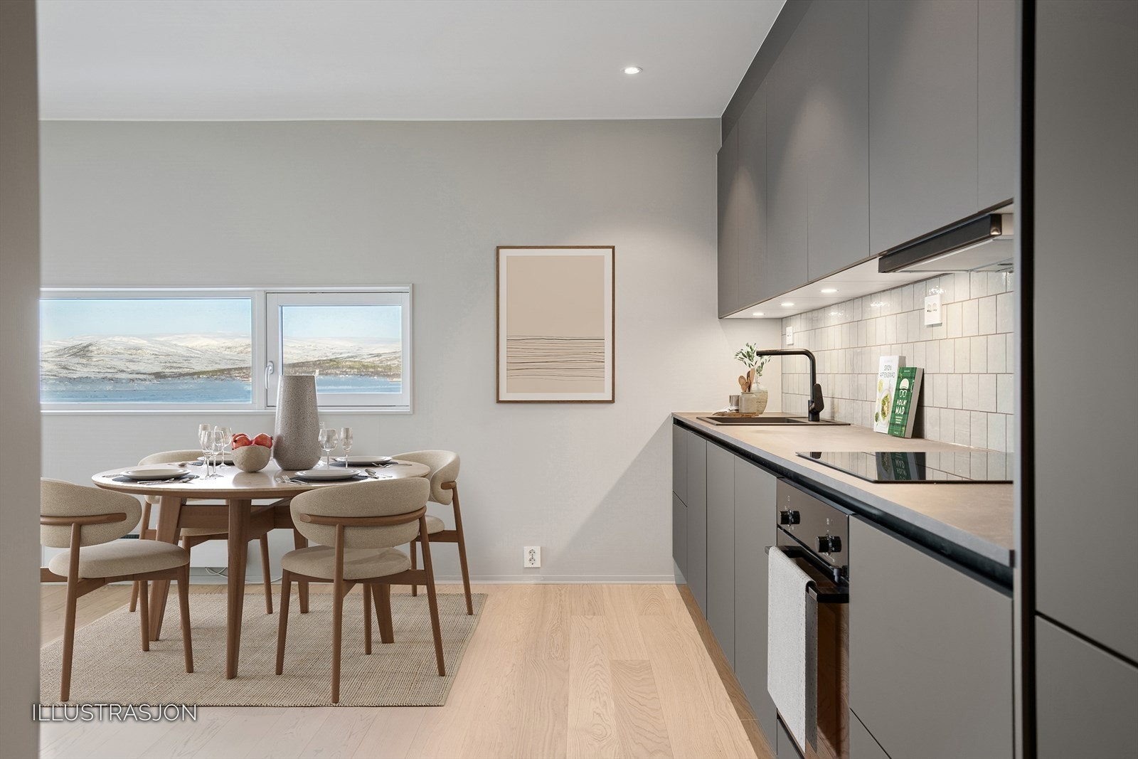 Liker du å være mange på kjøkkenet samtidig og invitere til selskap? Her det det fullt mulig å sette inn kjøkkenøy etter eget design. Digital møblering. Galleribilde