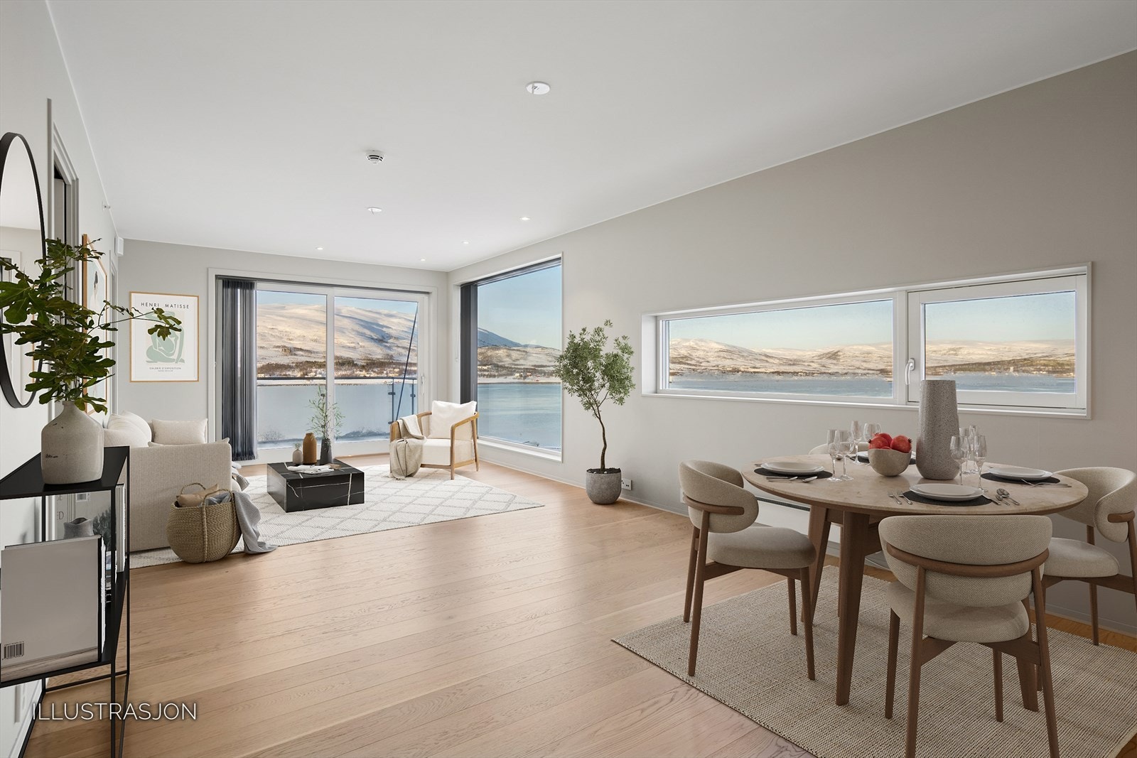 Stuen er stor og gir mangfoldige muligheter for møblering og ommøblering, alt etter eget ønske. Digital møblering. Galleribilde