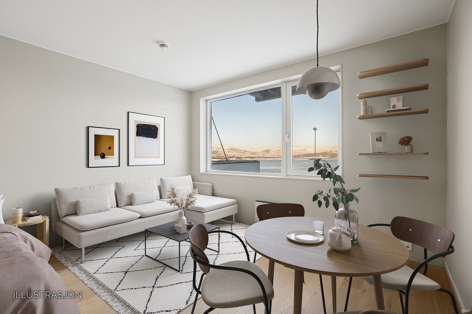 Hybel del: oppholdsrom. Digital møblering. Galleribilde