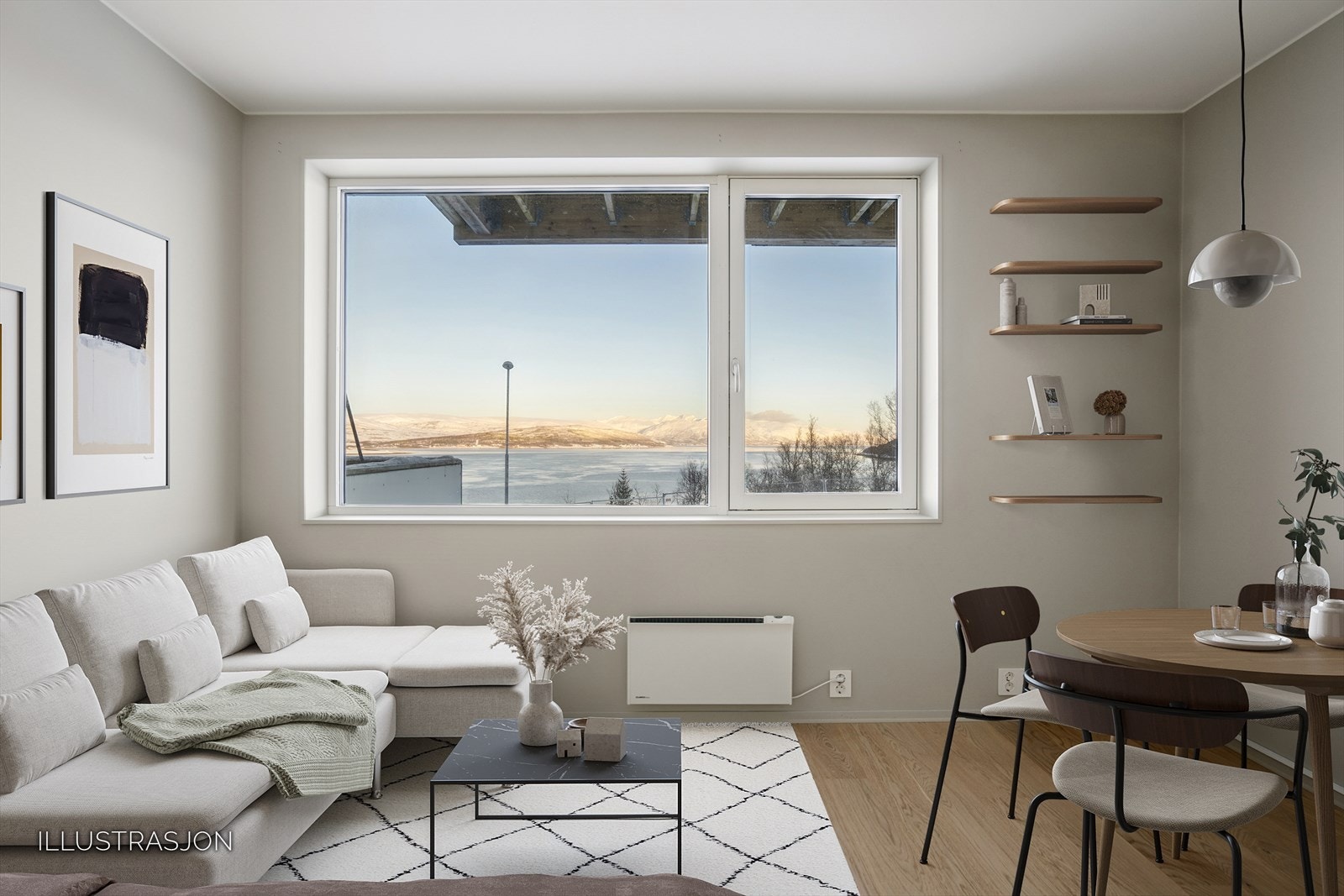 Romslig og lyst oppholdsrom, komplett kjøkken, egen inngang. Digital møblering. Galleribilde