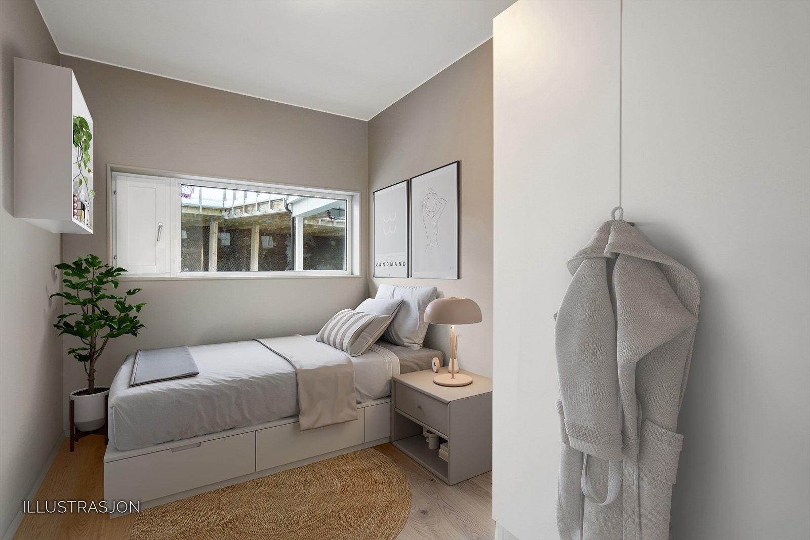 Soverom 2, hoveddel, østvendt. Digital møblering. Galleribilde