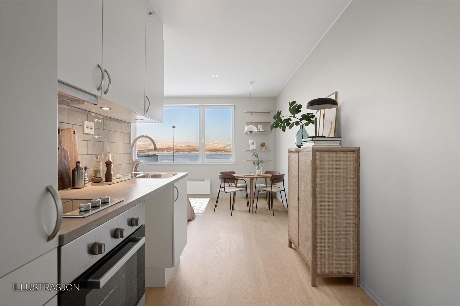 Hybel-kjøkken fra HTH. Kjøleskap, koketopp og komfyr inkludert i handelen. Plass til å montere oppvaskmaskin eller vaskemaskin. Digital møblering. Galleribilde