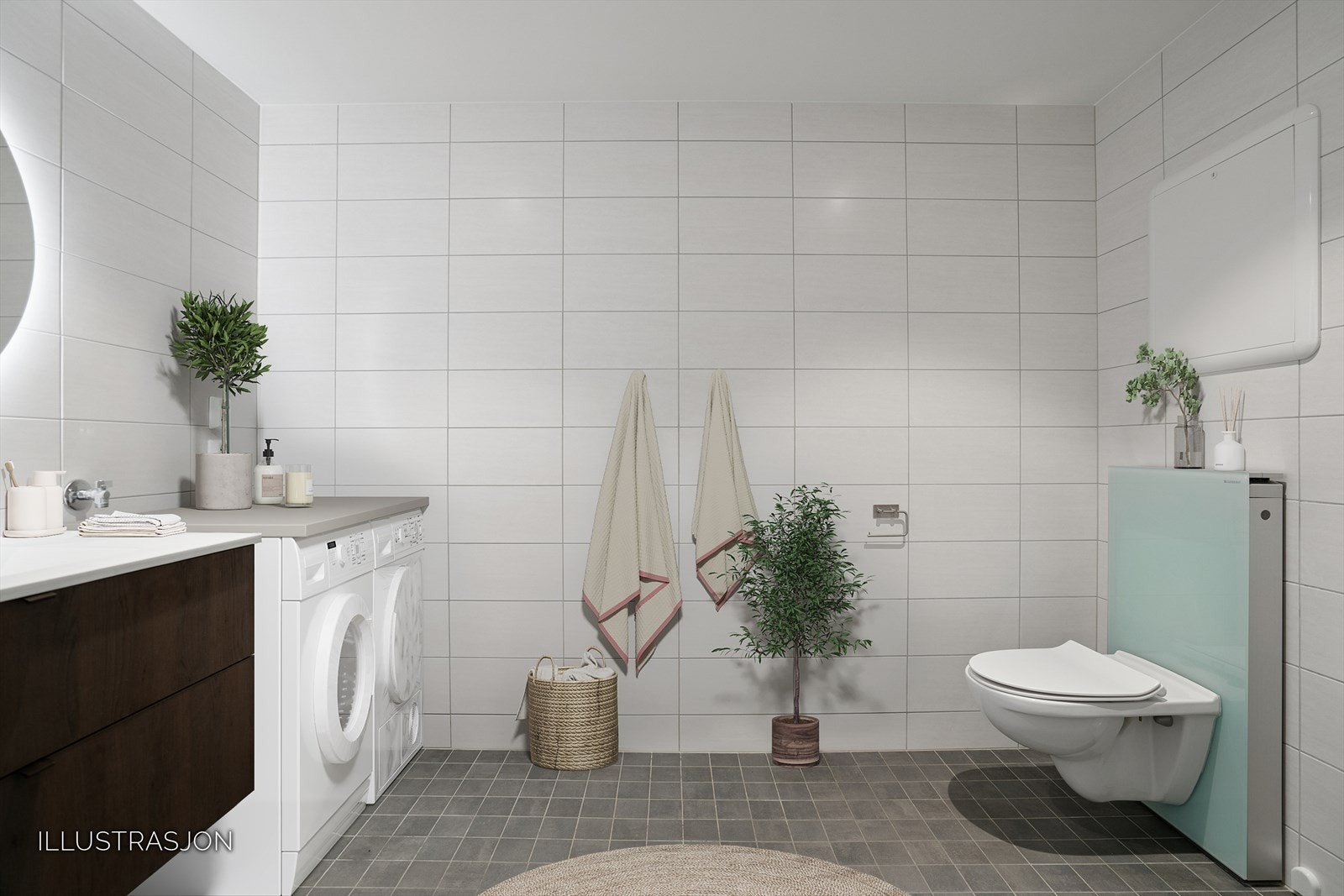 Badet i hoveddelen har praktisk adkomst fra entréen. Badet har god størrelse og gir mulighet for oppbevaringsmøblement. Digital møblering. Galleribilde