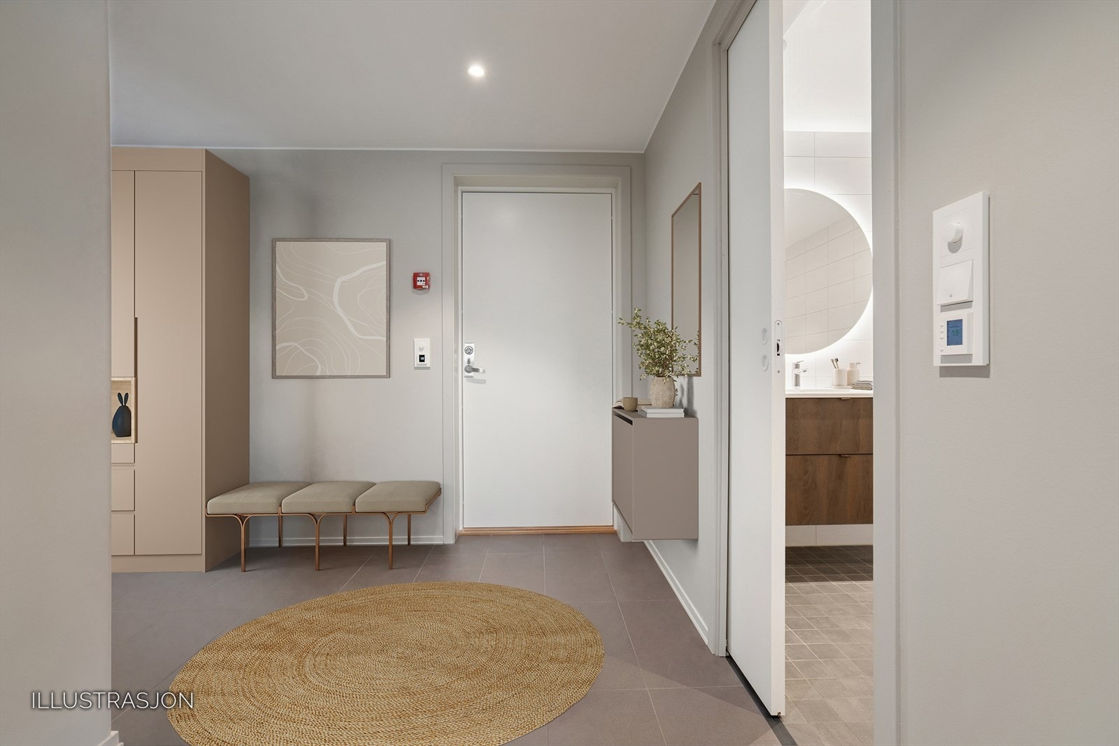 Romslig entre i hoveddelen. Adkomst inn til hybelen fra entréen, Digital møblering. Galleribilde