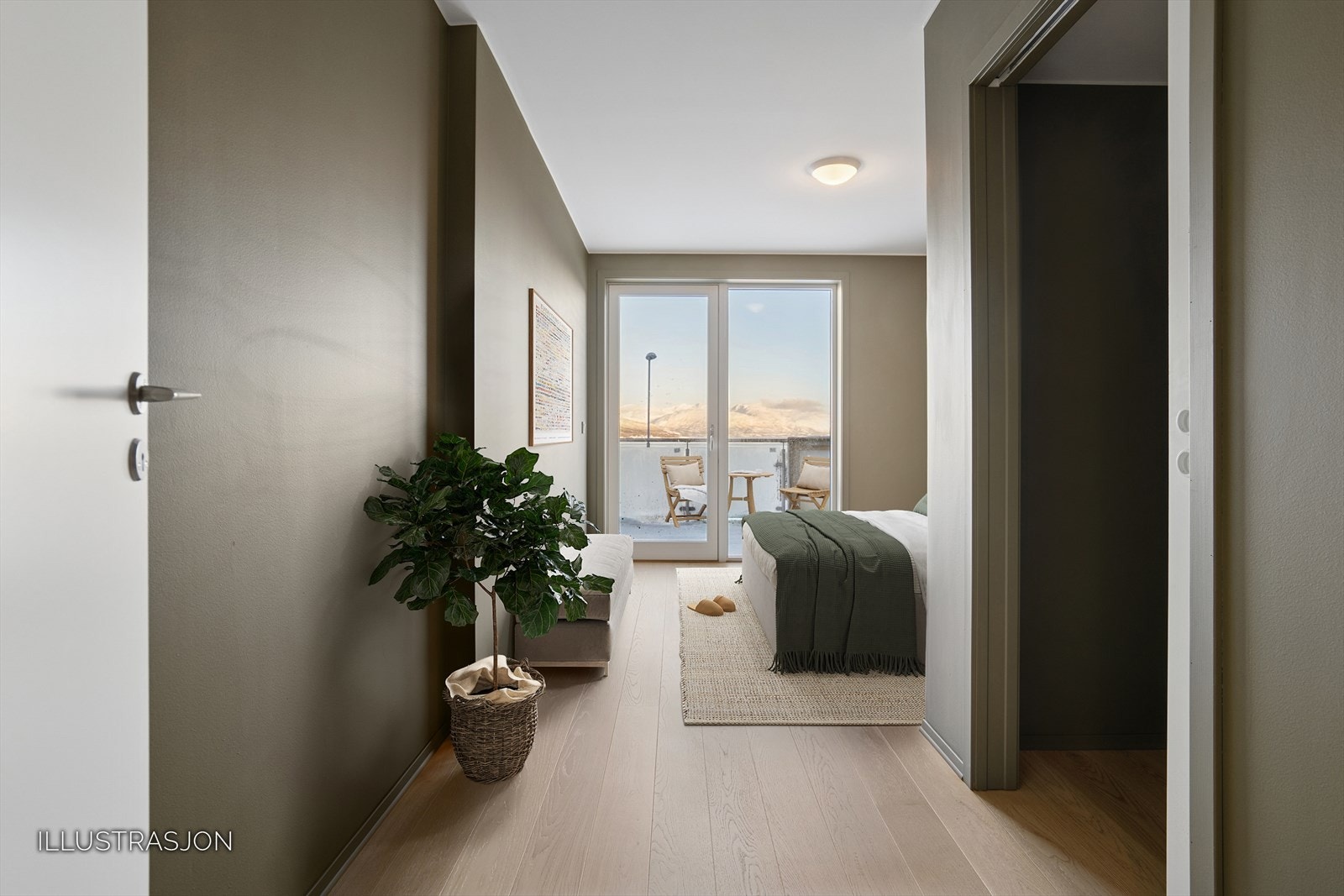 Hovedsoverom i hoveddel. Garderoberom/ bod / tenkinsk rom. Egen nordvendt balkong med utsikt. Digital møblering. Galleribilde