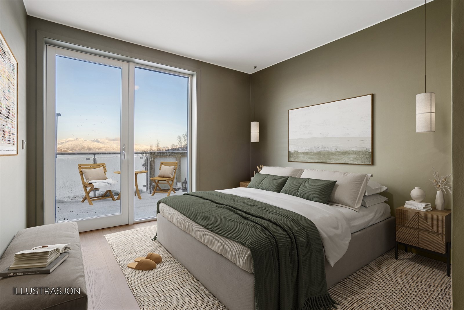 Hovedsoverommet er luftig og svalt i tidsriktig farge. Digital møblering. Galleribilde