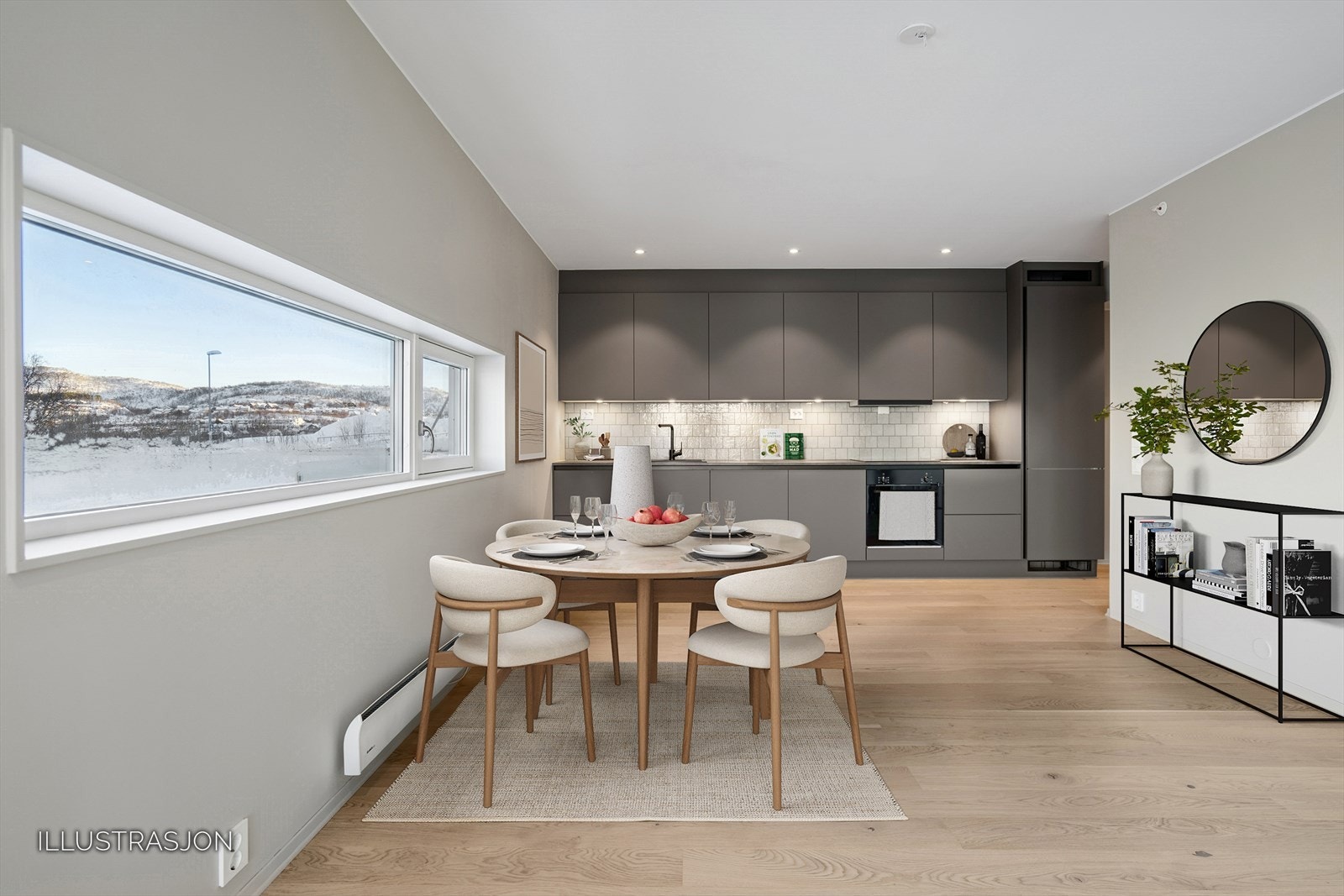 Stue og kjøkken i åpen løsning. Digital møblering oppdatert Galleribilde