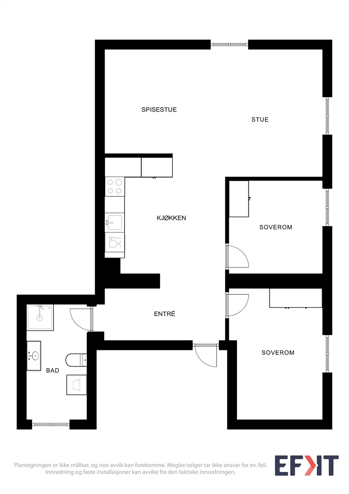 Planløsningen på 72 m² er arealeffektiv og rommer entré, bad, kjøkken, stue og to soverom. Galleribilde