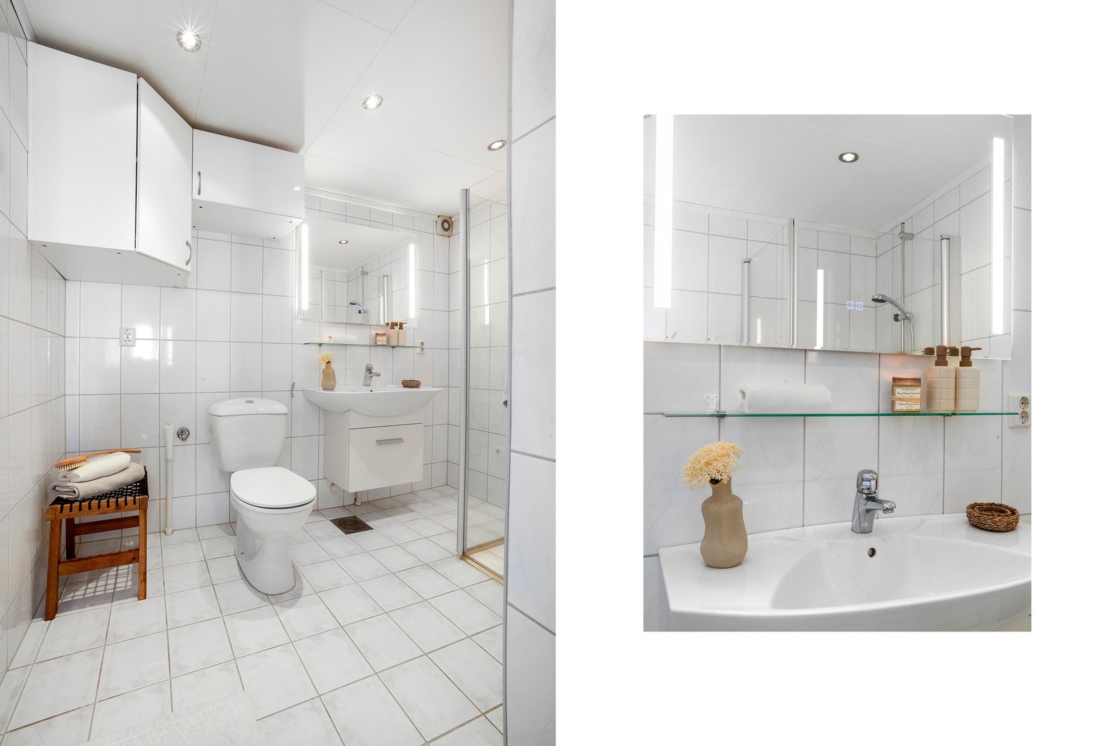 Mye skap og lagringsplass. Speilskap med belysning. Opplegg for vaskemaskin. Galleribilde