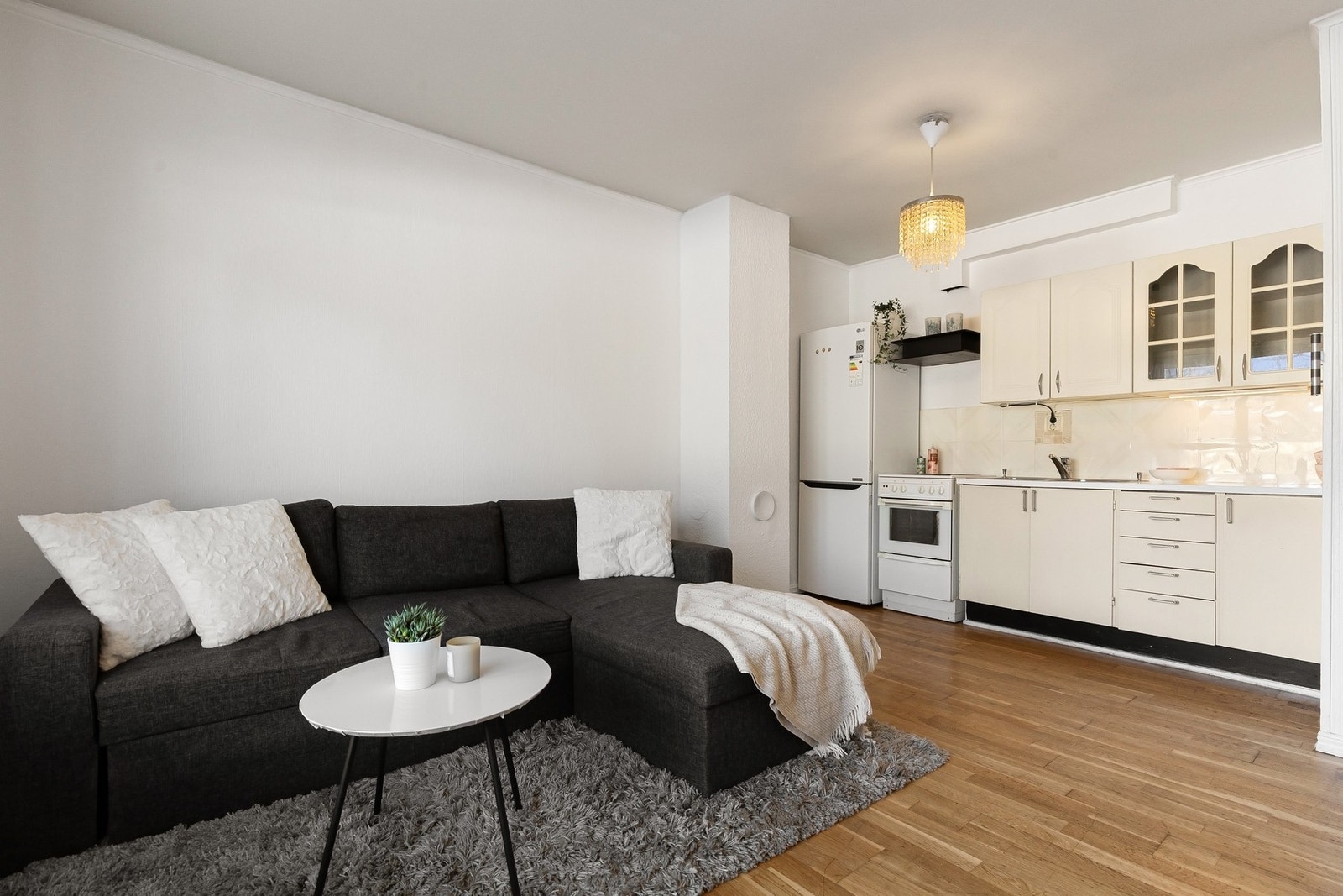 Hovedrommet i leiligheten er et åpent stue-/kjøkkenareal med god plass til ønsket møblering. Galleribilde