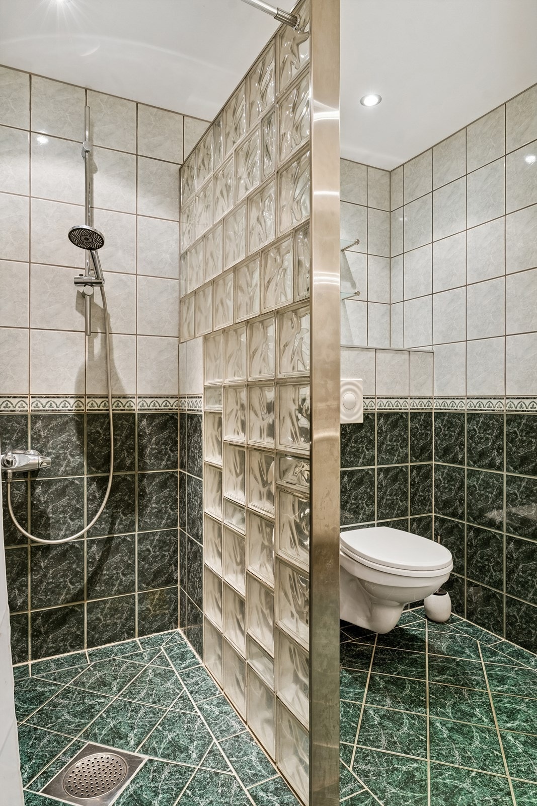 Elles er det dusj på golv med vegg av glasbyggarstein mot vegghengt toalett. Galleribilde