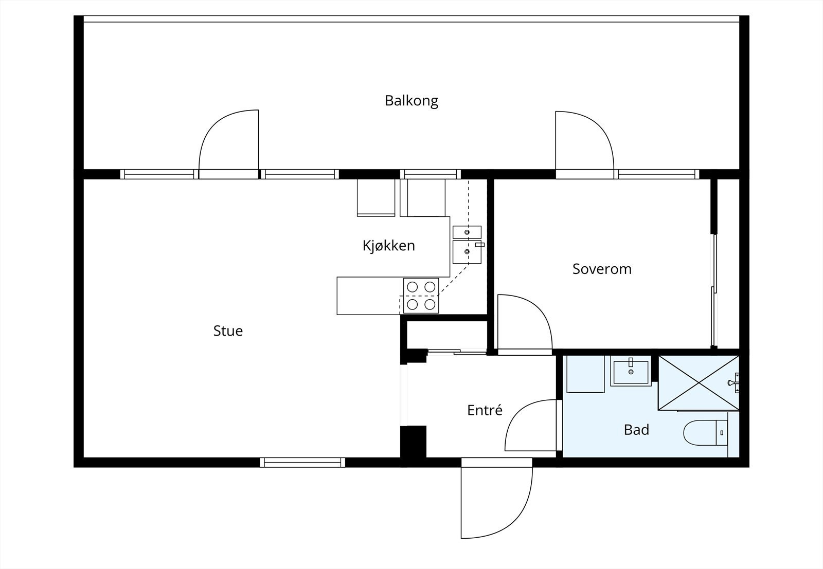 Planløsningen er arealeffektiv med åpen stue- og kjøkkenløsning, soverom, bad og entré. Galleribilde