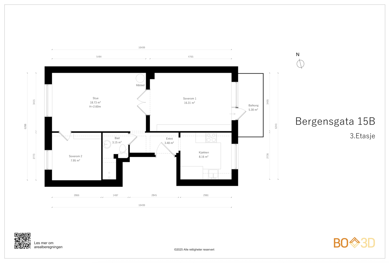 Før vi fortsetter tar vi en titt på boligens planskisse. I tillegg til innvendig areal, disponerer boligen 3 boder på totalt 10 kvm. Galleribilde