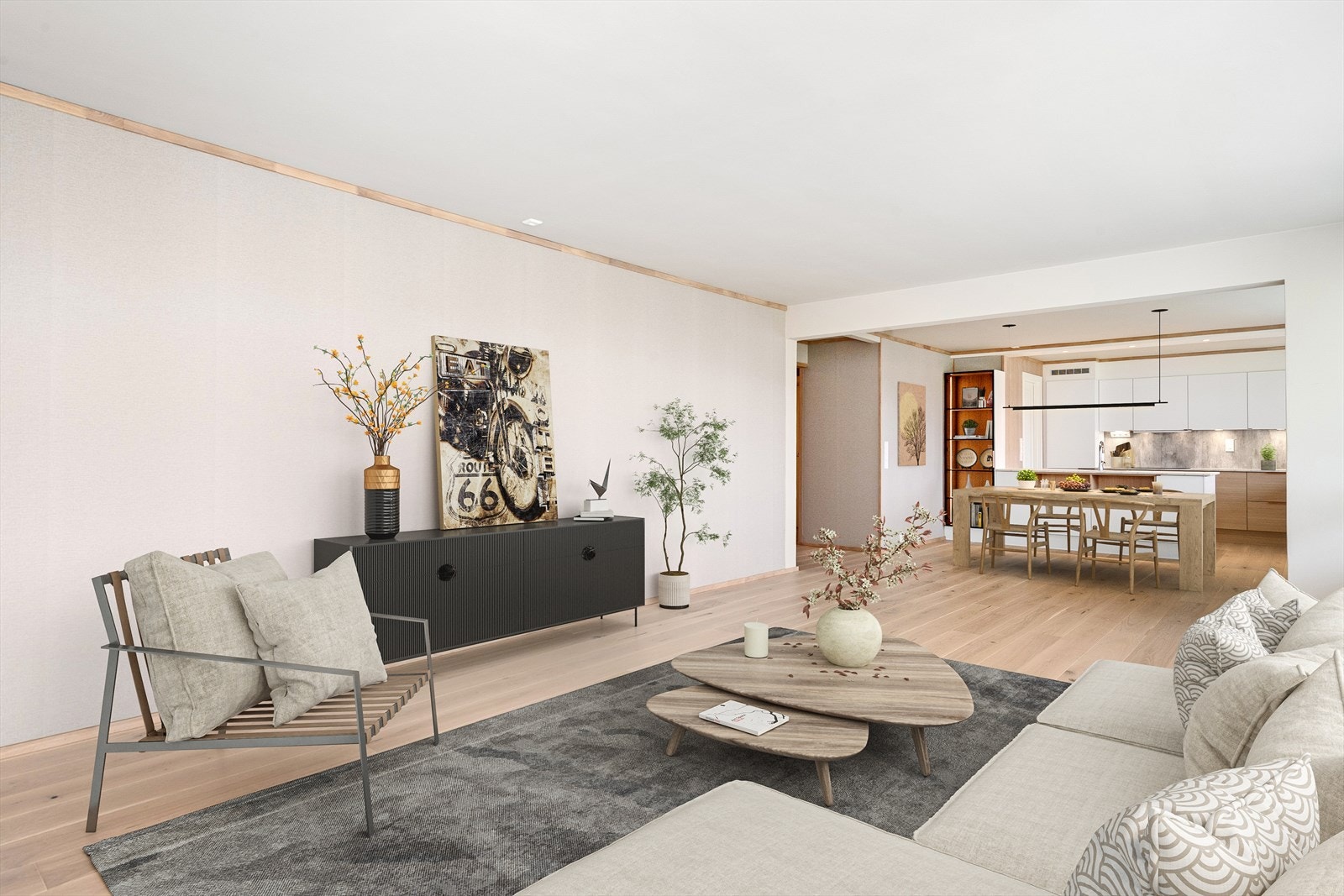 Stor og lys stue med god plass til møblement (digitalt møblert foto) Galleribilde