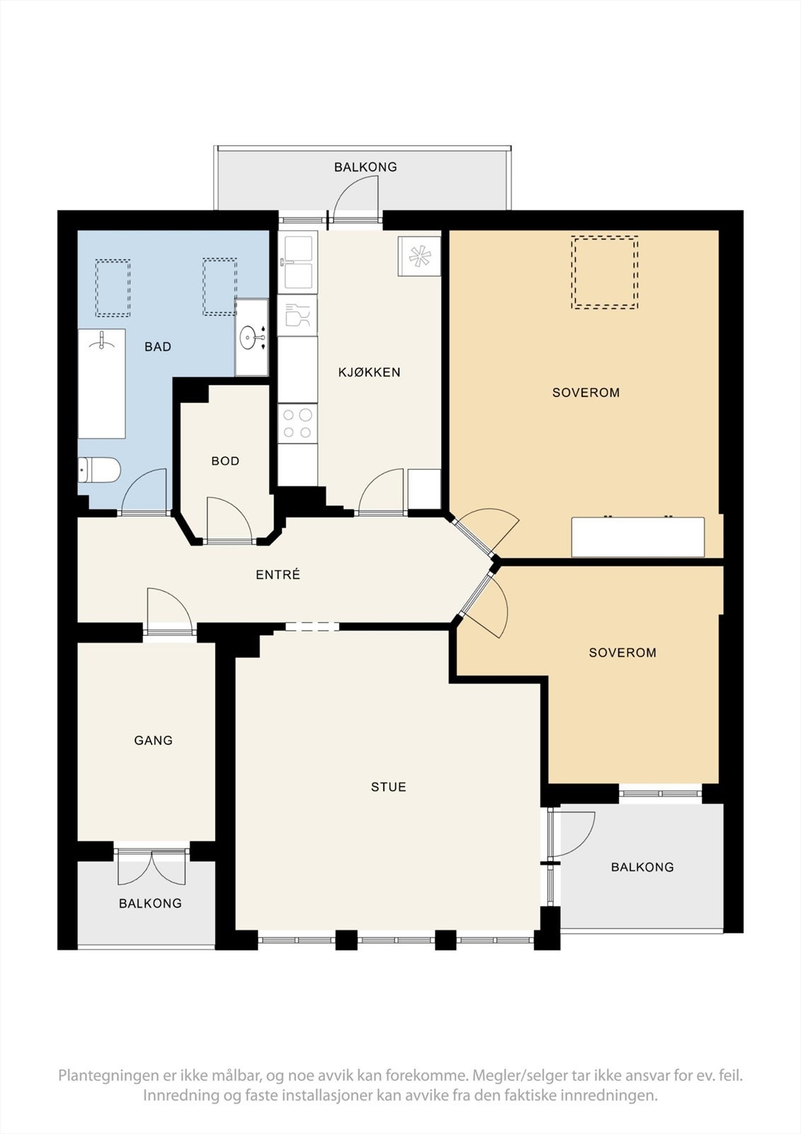 Planløsningen på 78 m² er arealeffektiv med to soverom, separat kjøkken og stue med utgang til to balkonger. Galleribilde