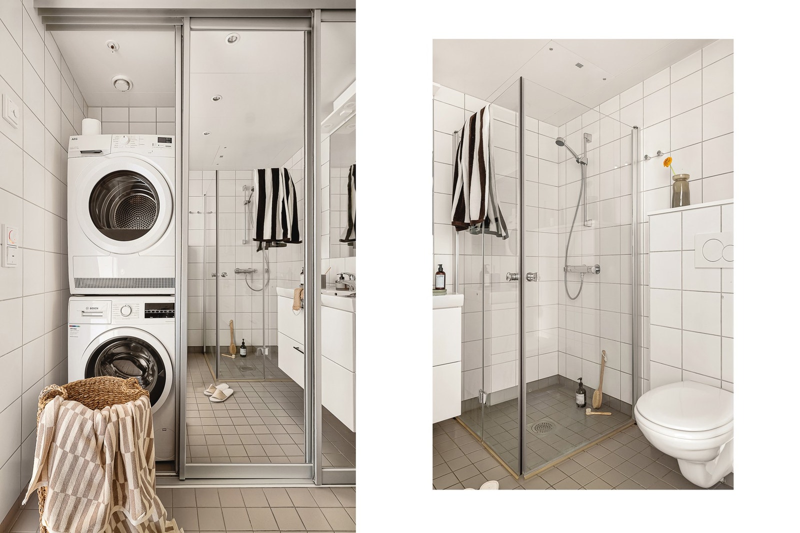 På badet er det montert en praktisk skyvedørsgarderobe i speil med opplegg for vaskemaskin. Galleribilde