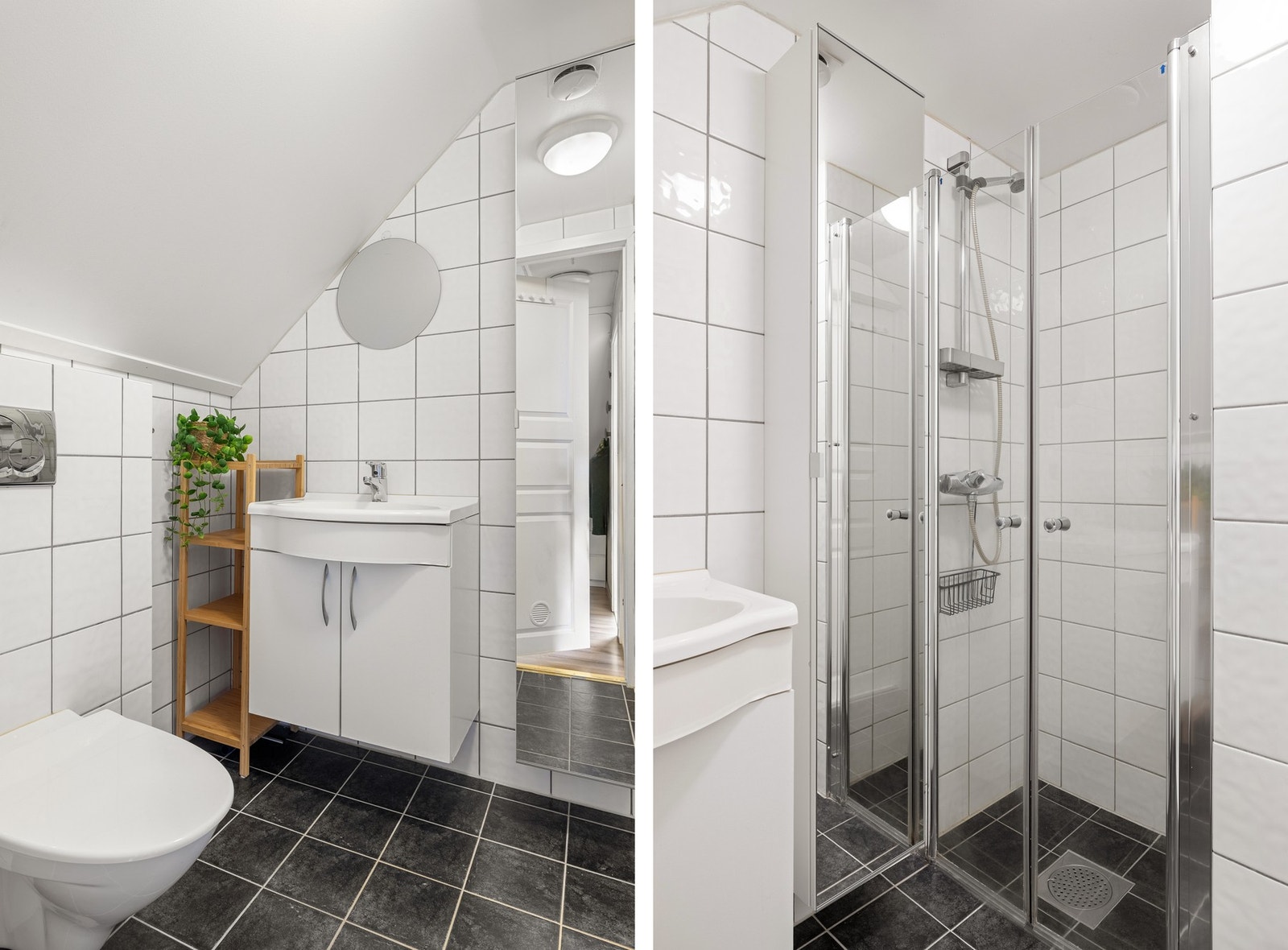 Det er innredet med vegghengt toalett, dusjhjørne med dusjgarnityr og baderomsinnredning med speil og belysning. Galleribilde