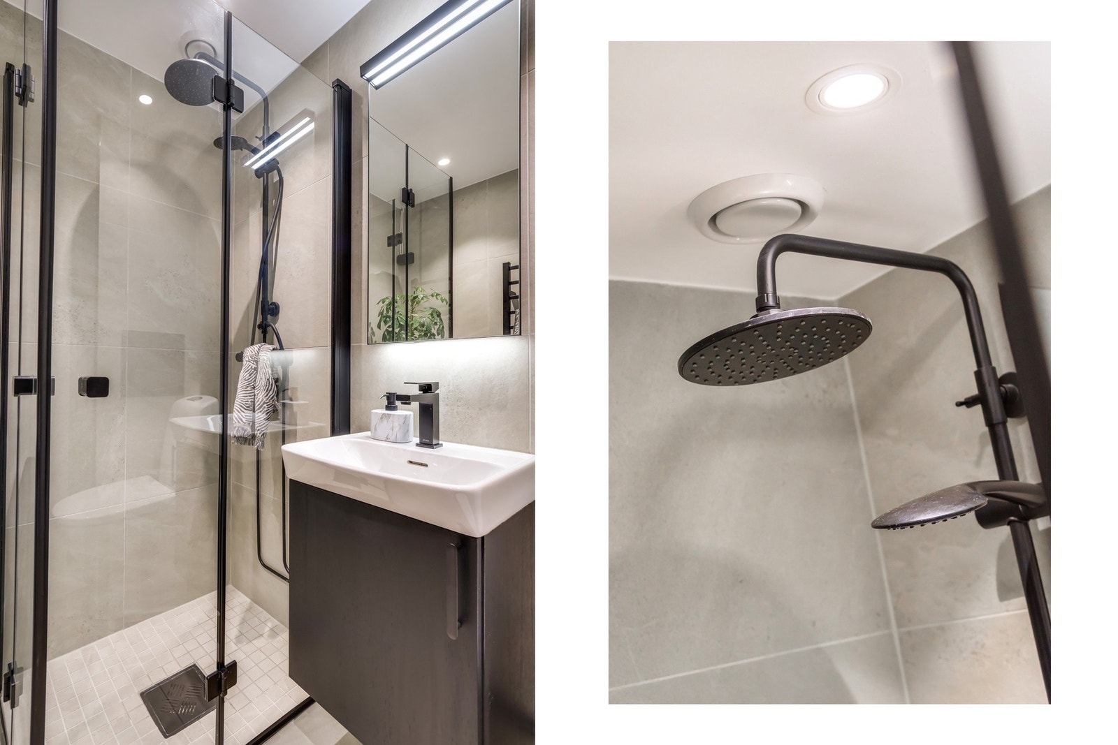 Nedsenket dusjhjørne med dører i herdet glass. Det er montert elektrisk håndkletørker Galleribilde