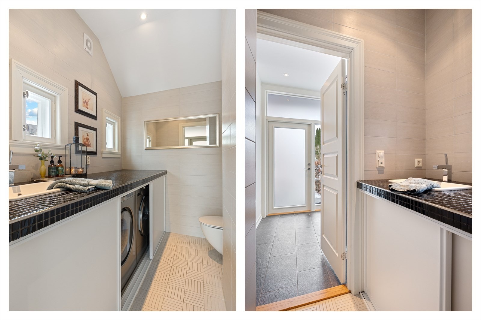 WC/vaskerom fra 2013 med flisbelagte flater og elektrisk gulvvarme. Galleribilde