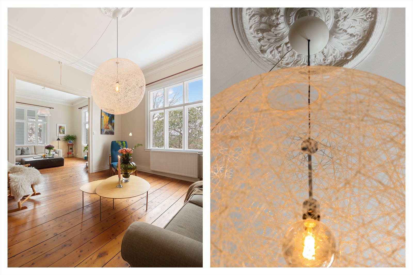 Rosett og fine detaljarbeider gir rommet et ekstra elegant preg. Galleribilde