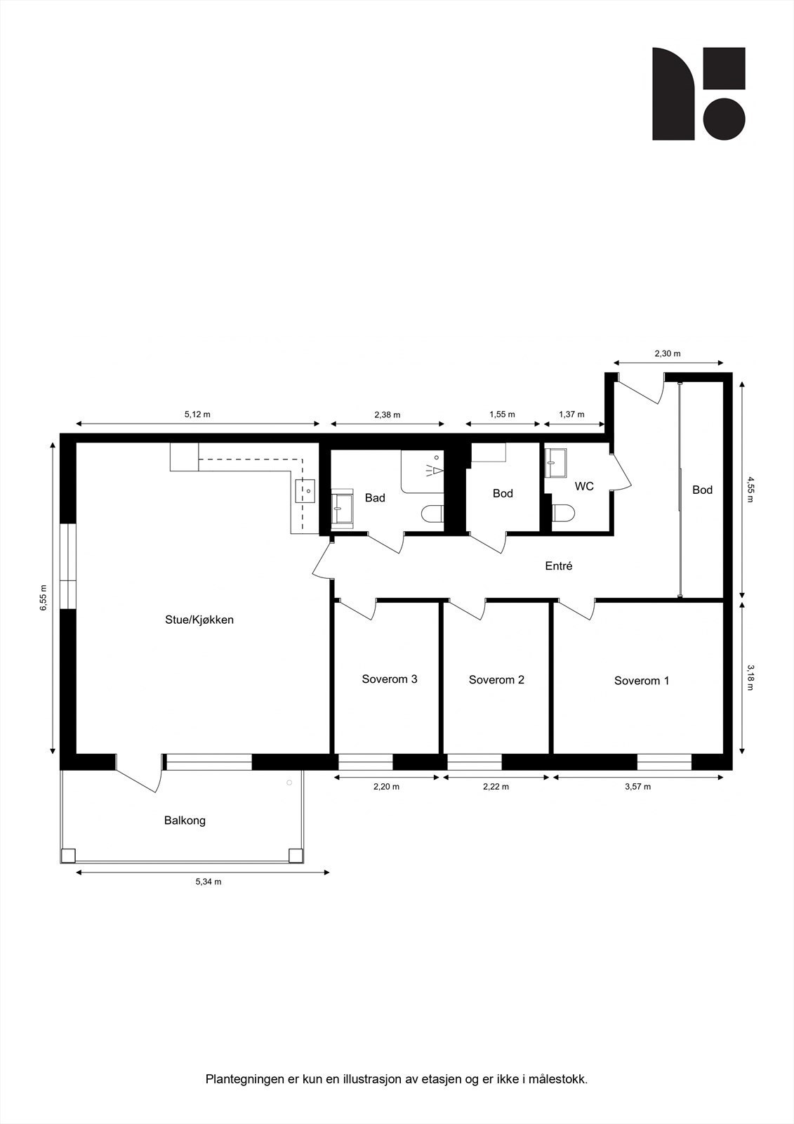 Planløsningen er arealeffektiv med tre soverom, romslig bad og separat gjestetoalett, samt en åpen stue/kjøkken-sone. Galleribilde