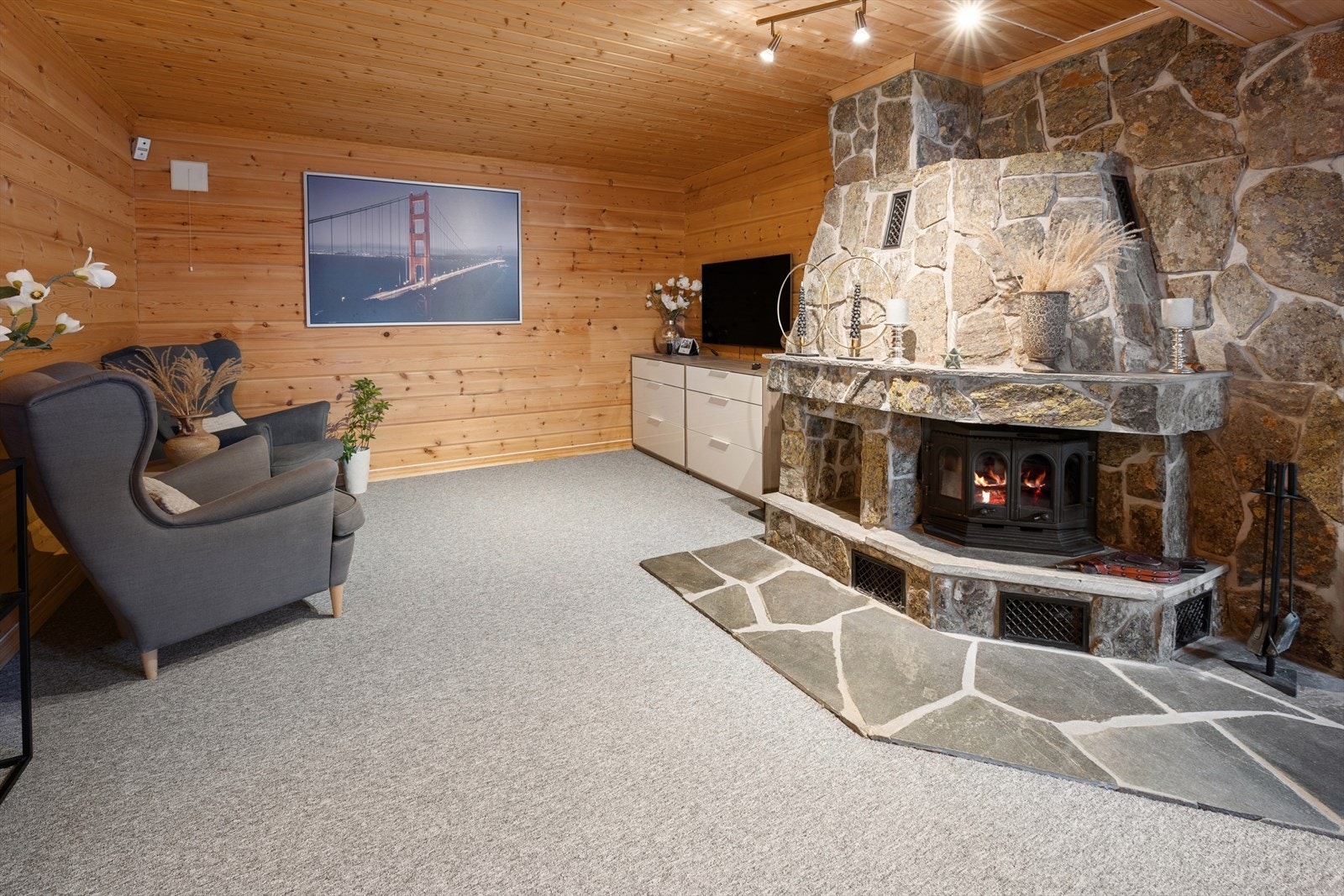 Kjellerstue med peis med innsats som varmer godt på kalde dager Galleribilde