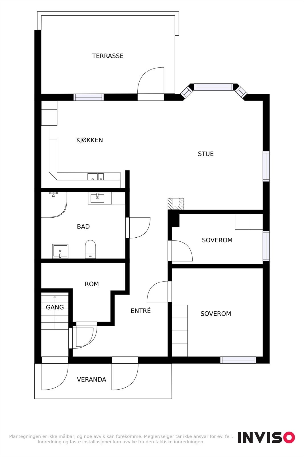 Hovedetasjen har en praktisk planløsning på 81 m² med to soverom, bad og åpen stue- og kjøkkenløsning. Galleribilde