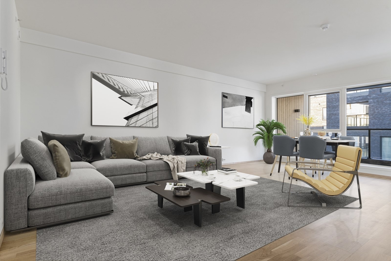 Her er det god plass, både for en romslig sofagruppe og for spisebord. (digital styling) Galleribilde