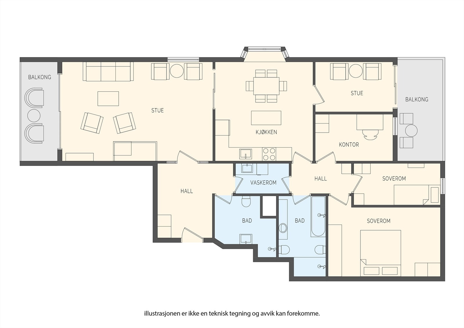 Leiligheten på 135 m² har en familievennlig planløsning med fire soverom, to bad og separat vaskerom. Galleribilde