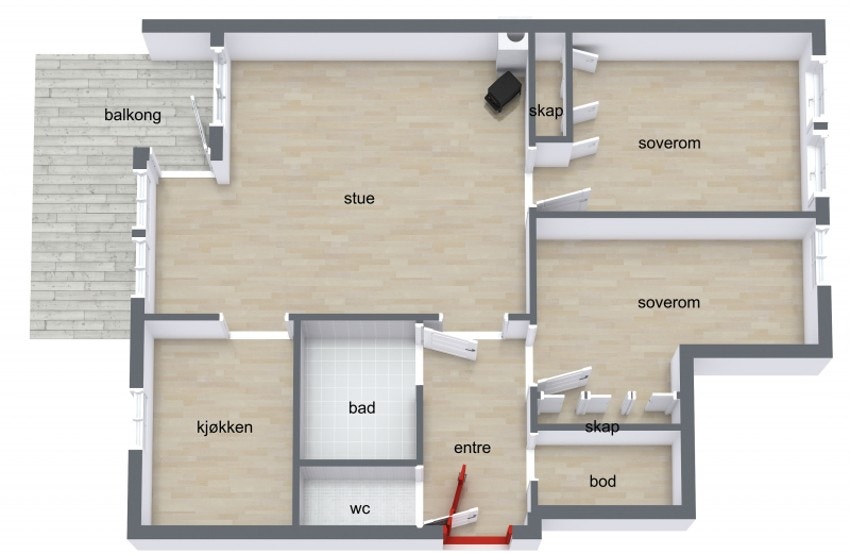 Leiligheten inneholder gang, separat toalettrom, bad, bod, to soverom, kjøkken og en trivelig stue. Galleribilde