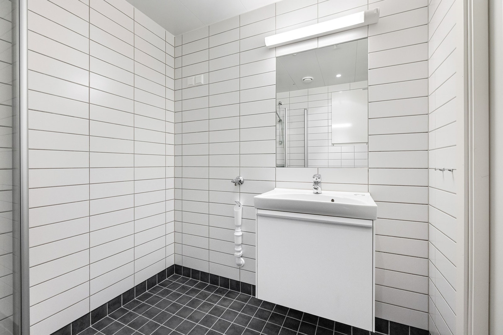 Praktisk dusjhjørne med innfellbare glassdører og opplegg for vaskemaskin. Galleribilde