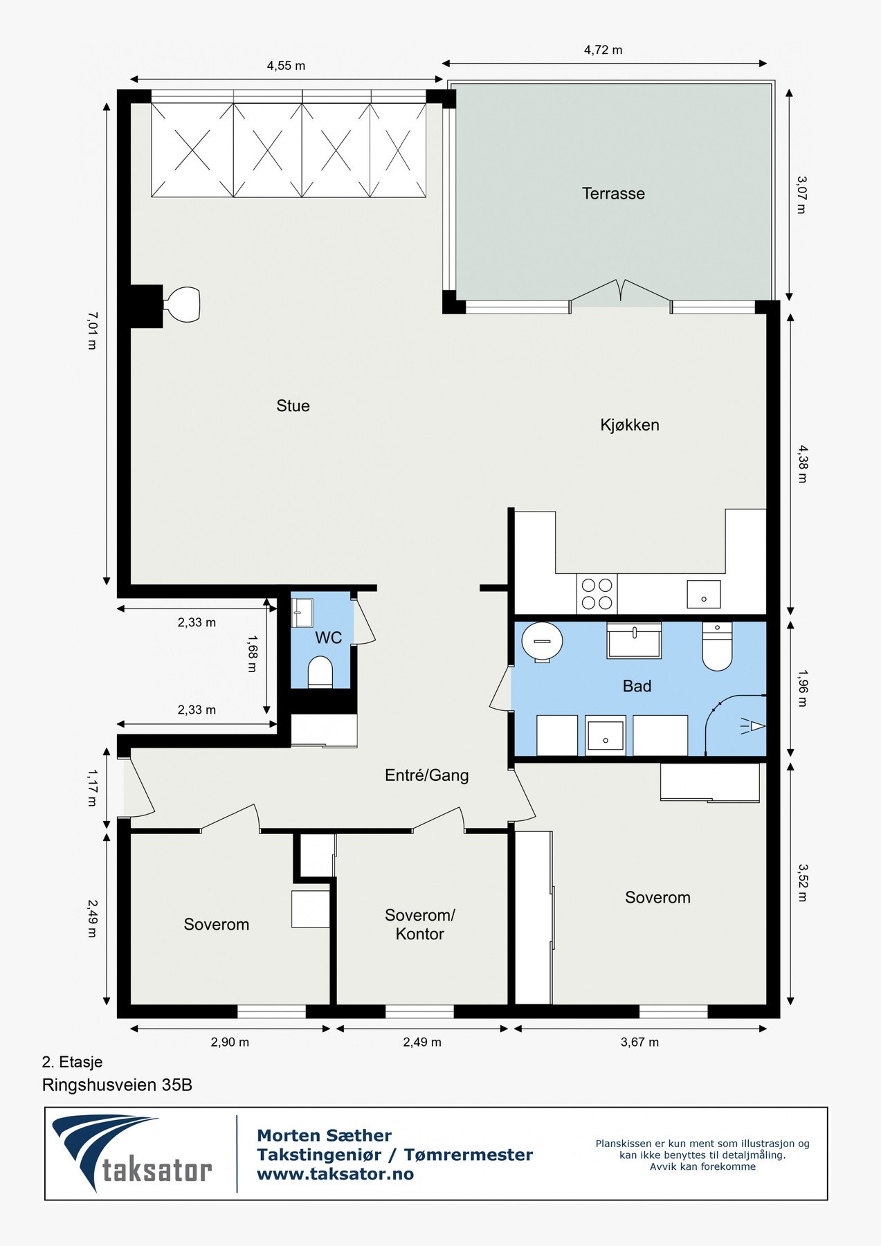 Planskisse. Boligen har optimalt med lagringsmuligheter som til sammen utgjør hele 26 kvm (loft, utebod og kjeller). Galleribilde