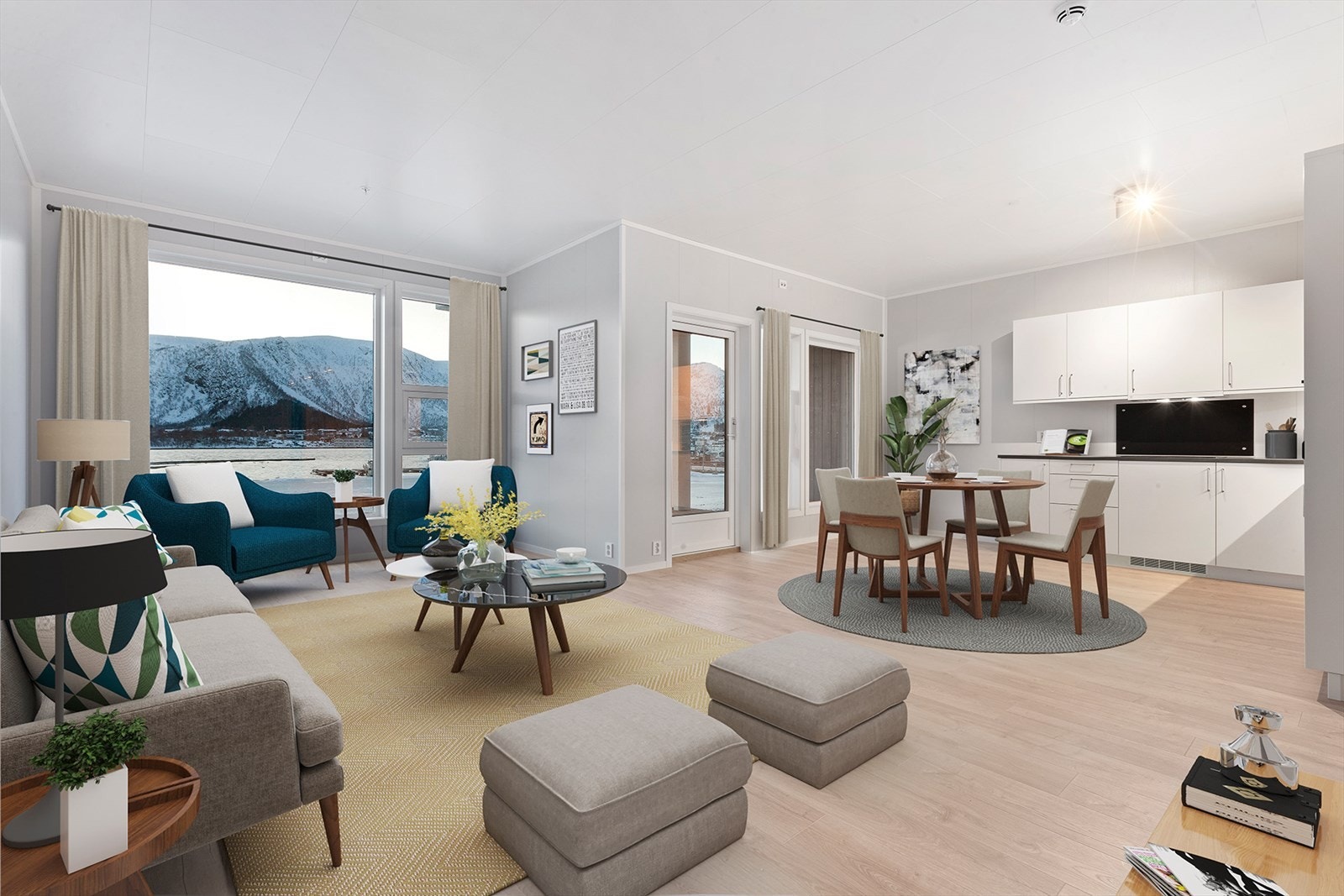 Se møblering av stue og kjøkken (digital styling). Galleribilde