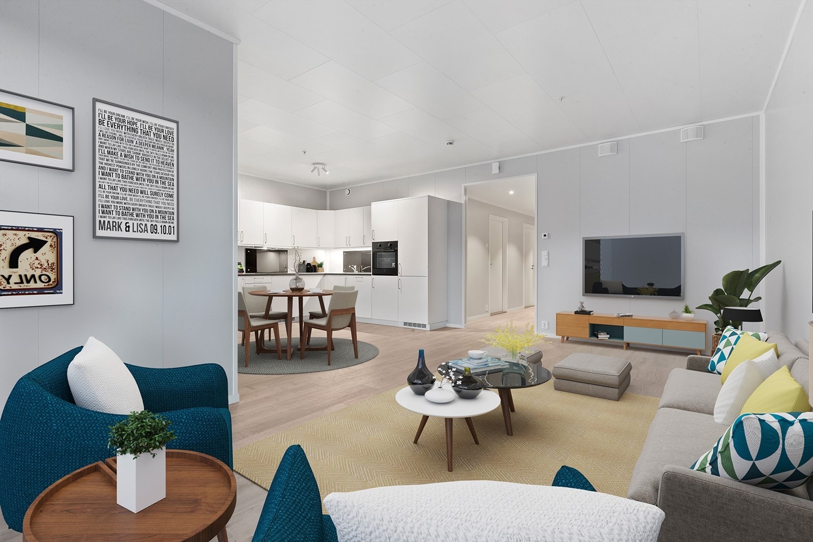 Digital styling av stue og kjøkken. Galleribilde