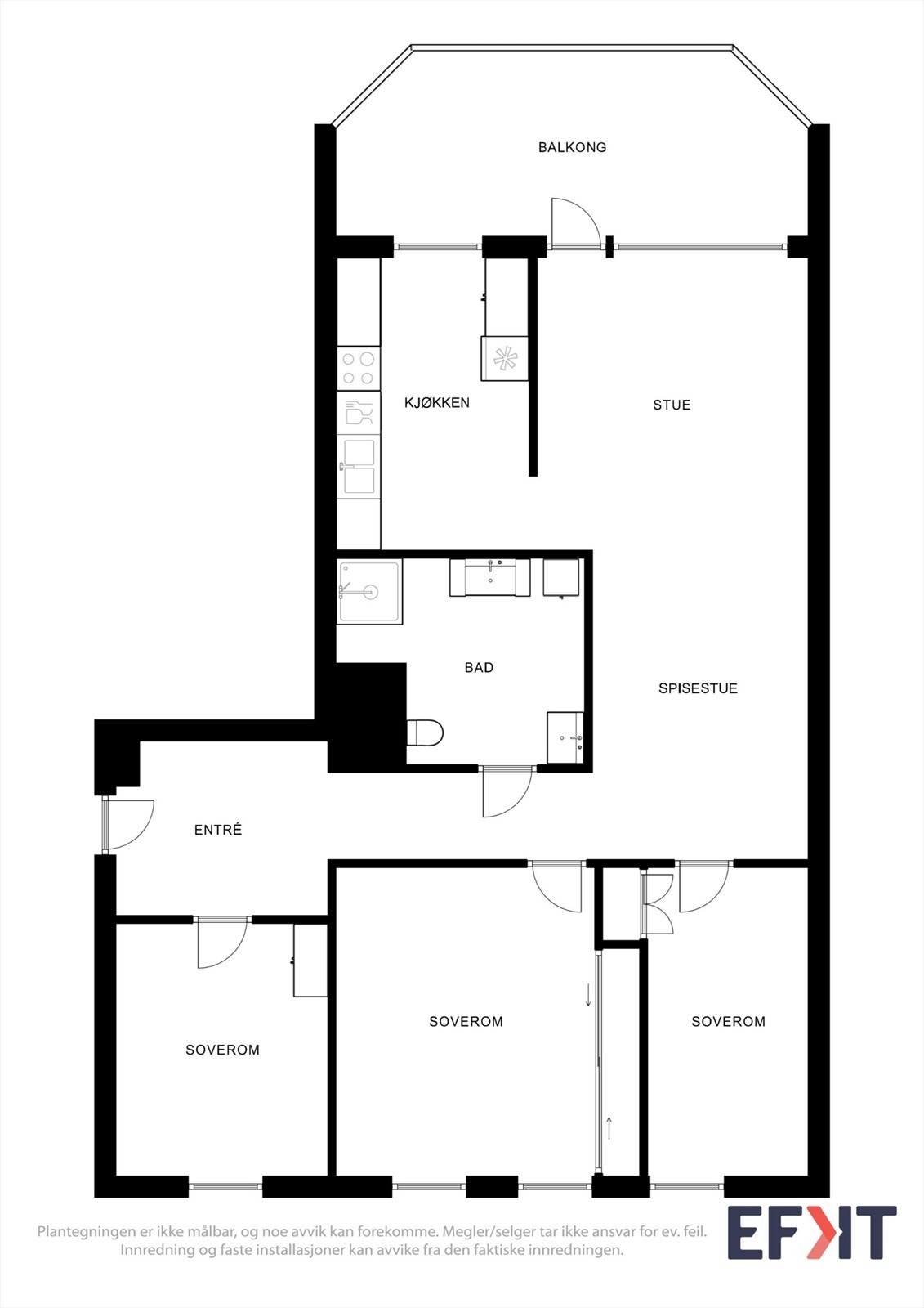 Leiligheten har en god planløsning på 96 m² med tre soverom, bad, kjøkken og stue. Galleribilde
