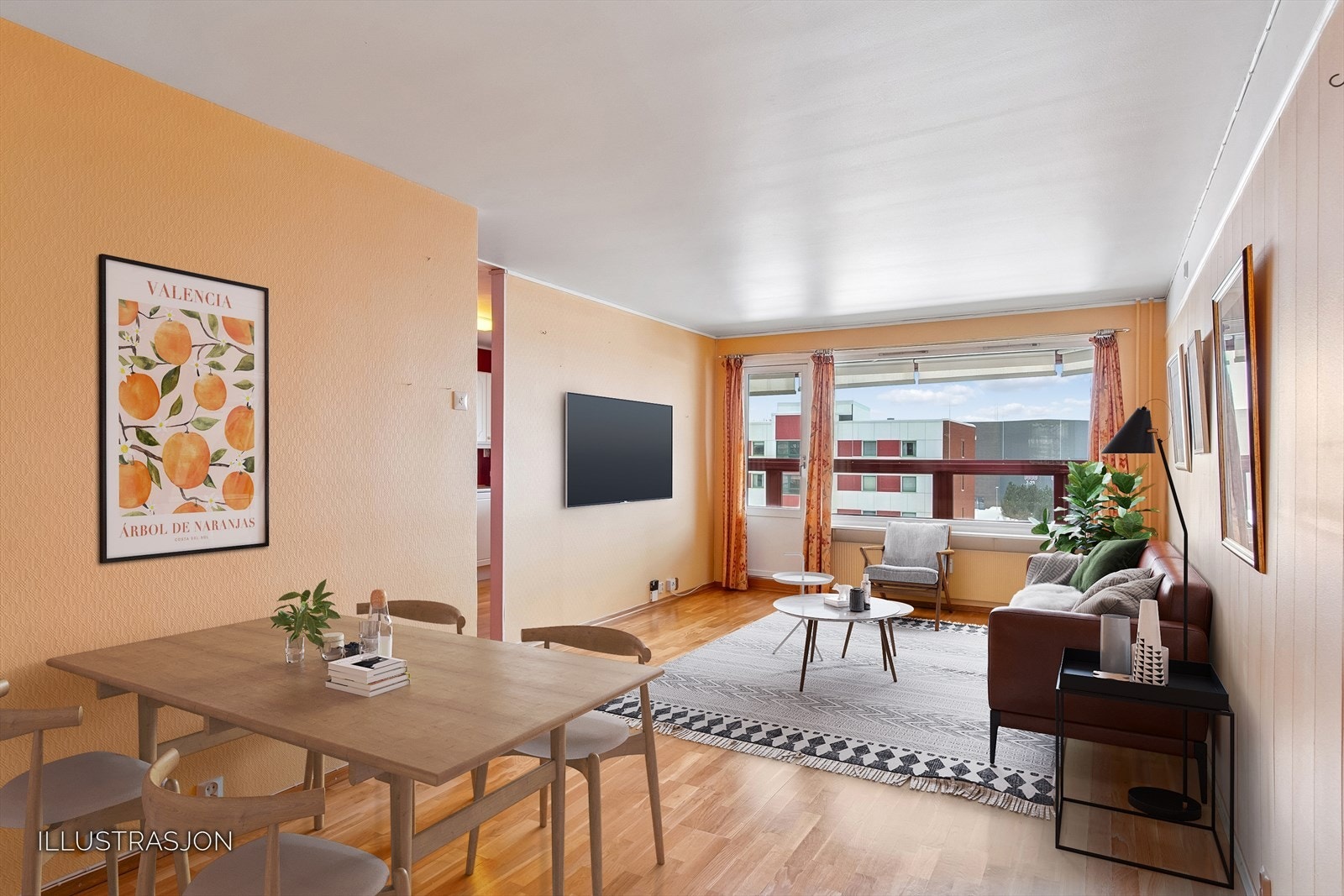 I stuen er det god plass til så vel spisebord som sittegruppe (Digital styling) Galleribilde