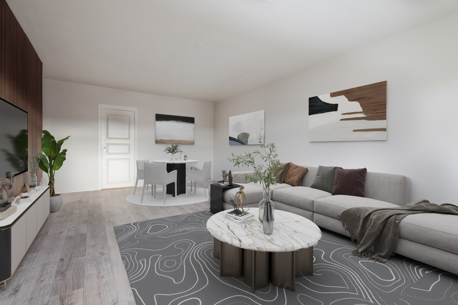 Pent laminaltgulv og helt ny spilevegg til venstre (digitalt stylet) Galleribilde