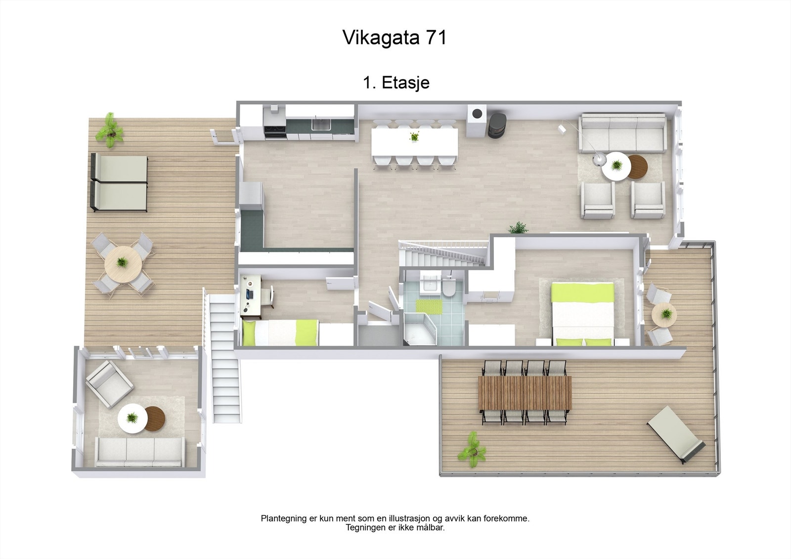 3 D illustrasjon av planløsningen i første etasje. Galleribilde