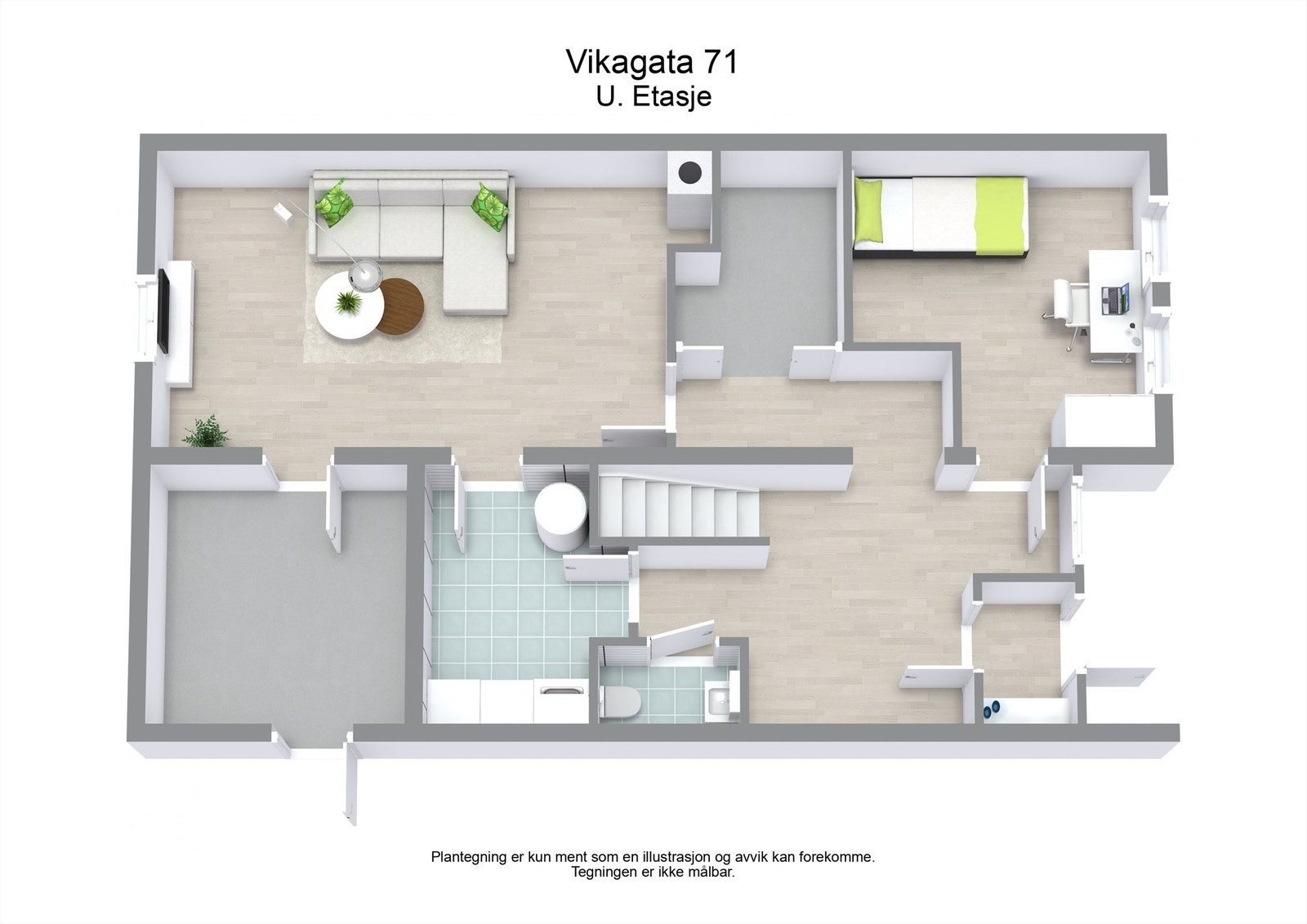 3D illustrasjon av planløsningen i underetasjen. Galleribilde