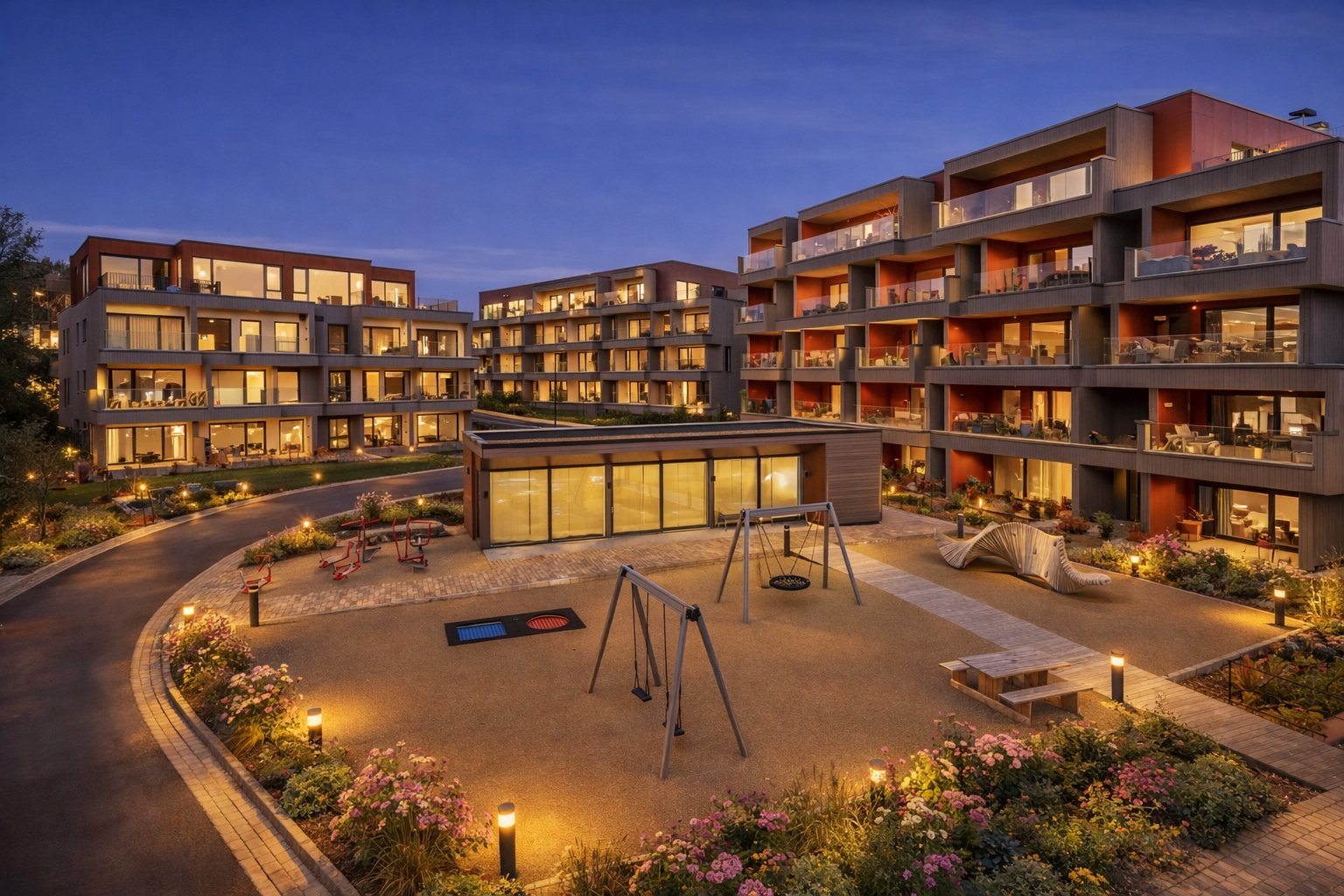 Svært hyggelig fellesområde tilknyttet byggene - Rolig og skjermet --- Bilde stylet og fargejustert digitalt - kun til illustrasjon - det tas forbehold om feil med skallering, utforminger, belysning og andre forhold som kan fravike fra faktiske forhold Galleribilde