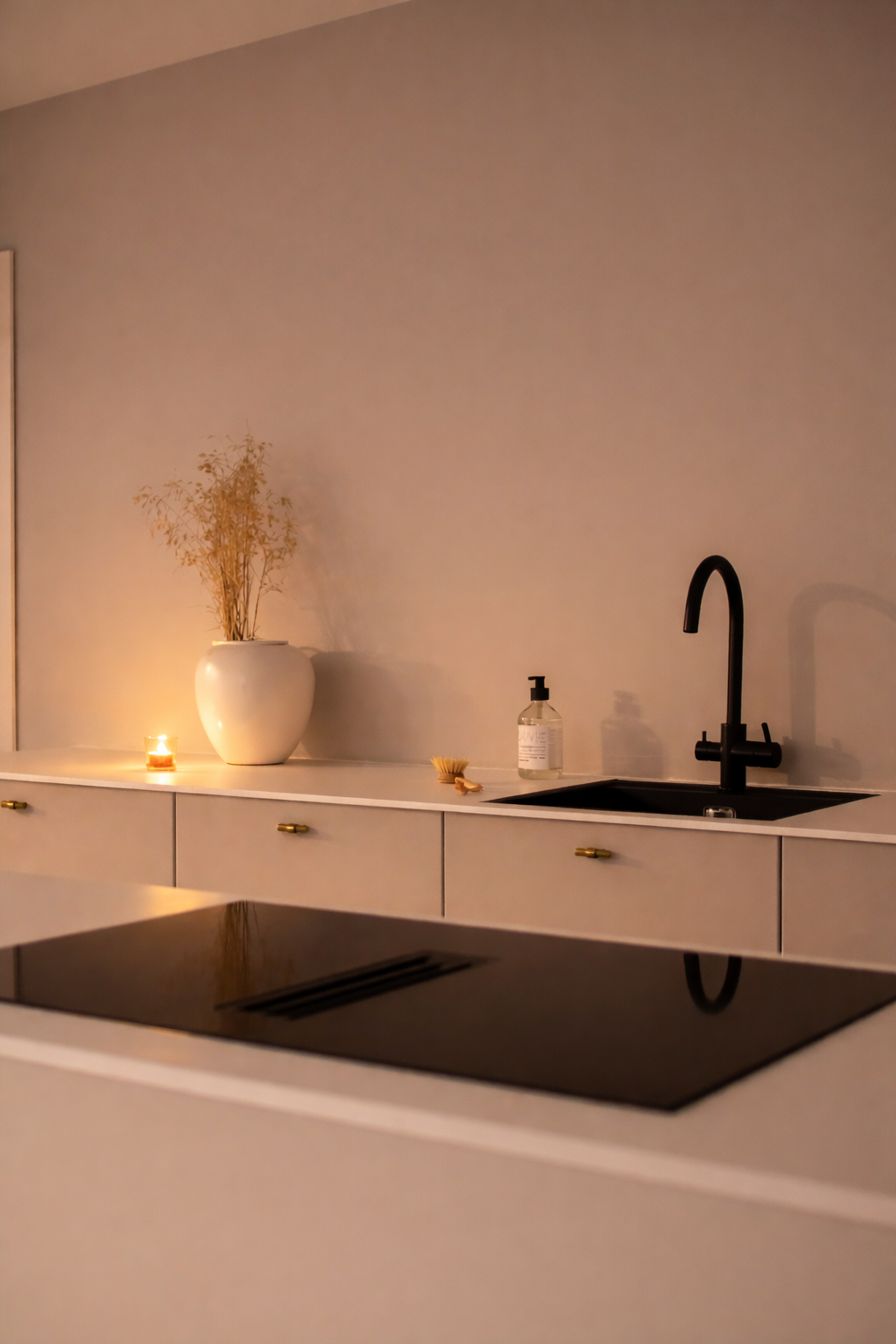 Koketopp med integrert ventilator. Plass til hyller eller overskap om det er ønskelig --- Bilde stylet og fargejustert digitalt - kun til illustrasjon Galleribilde