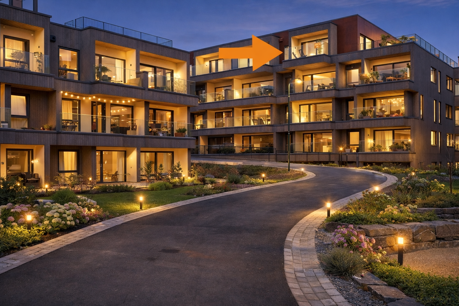 Toppleilighet og på enden med romslig uteplass --- Bilde stylet og fargejustert digitalt - kun til illustrasjon - det tas forbehold om feil med skallering, utforminger, belysning og andre forhold som kan fravike fra faktiske forhold Galleribilde