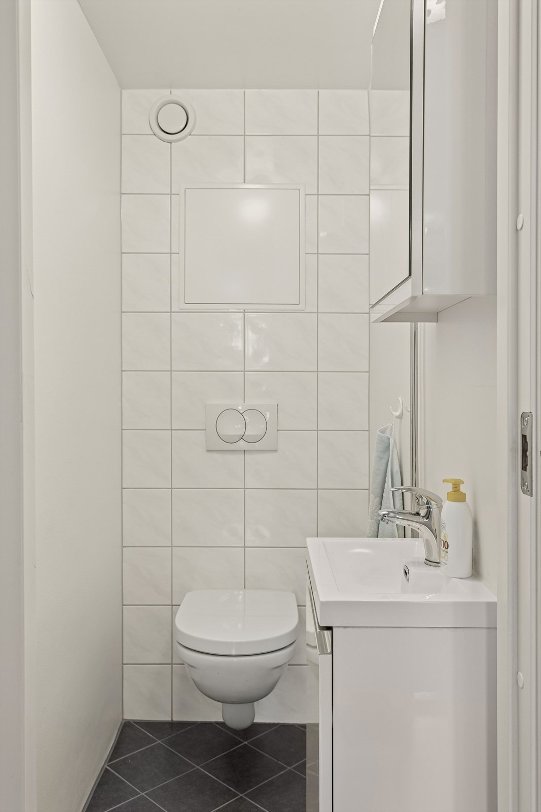 Separat toalettrom med lyse fliser på veggene og mørke fliser i gulv, servant med over- og underskap Galleribilde