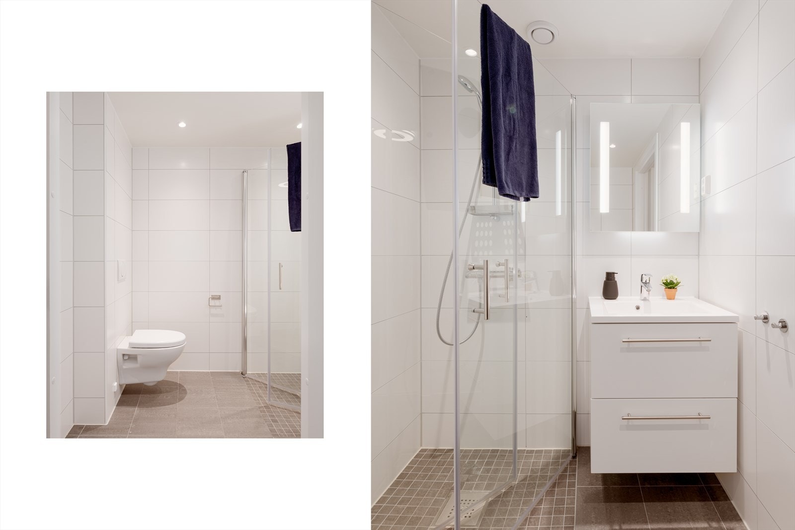 Praktisk bad i underetasje med dusjhjørne med innfellbare dusjdører, servant med innredning og klosett. Badet har vannbåren varme i gulv. Galleribilde