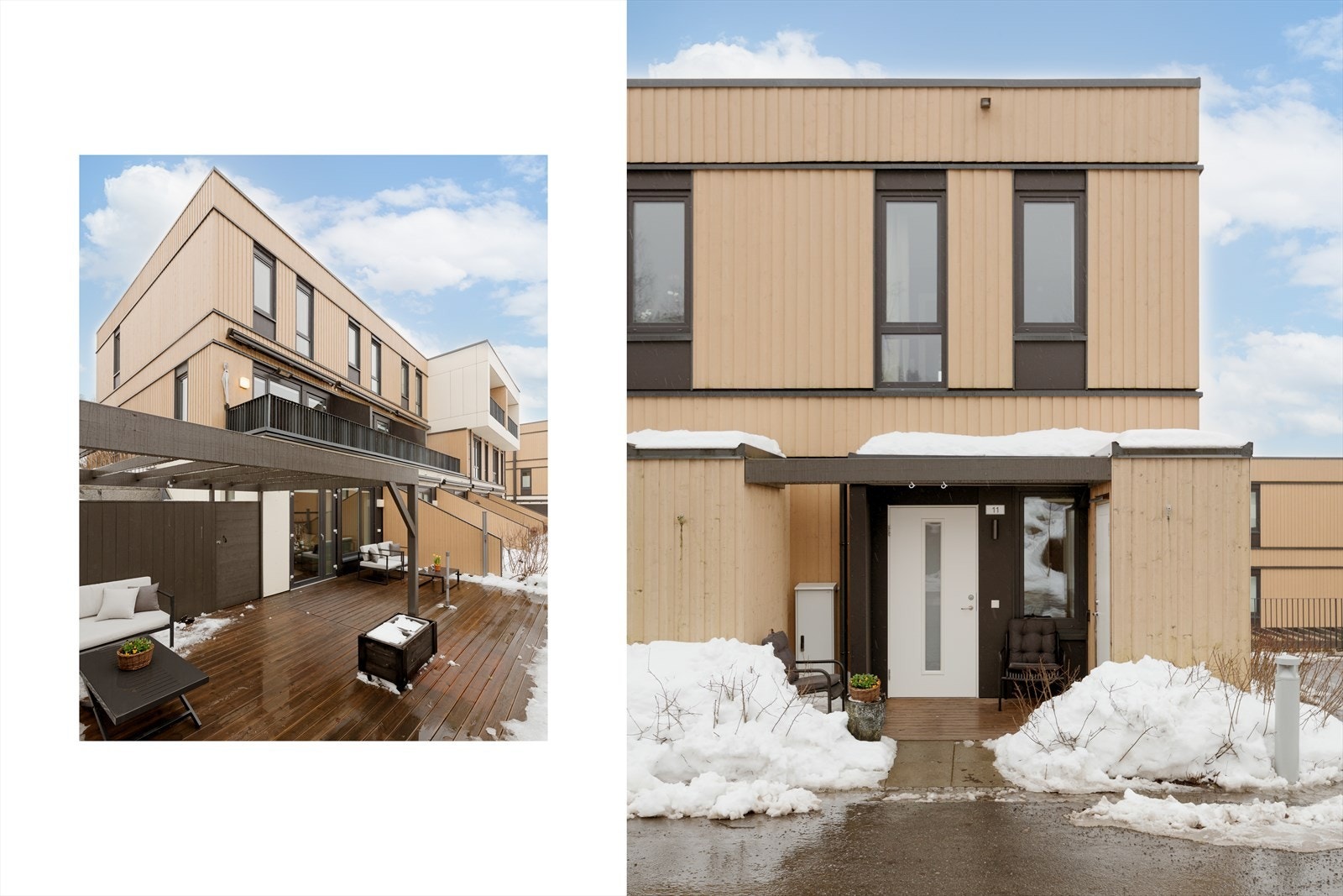 På fremsiden av huset ønskes du velkommen av et hyggelig inngangsparti med direktre adkomst til egen sportsbod. Boligen disponerer totalt to utvendige boder samt en garasjeplass med el-lader. Det finnes også plasser for gjesteparkering. Galleribilde