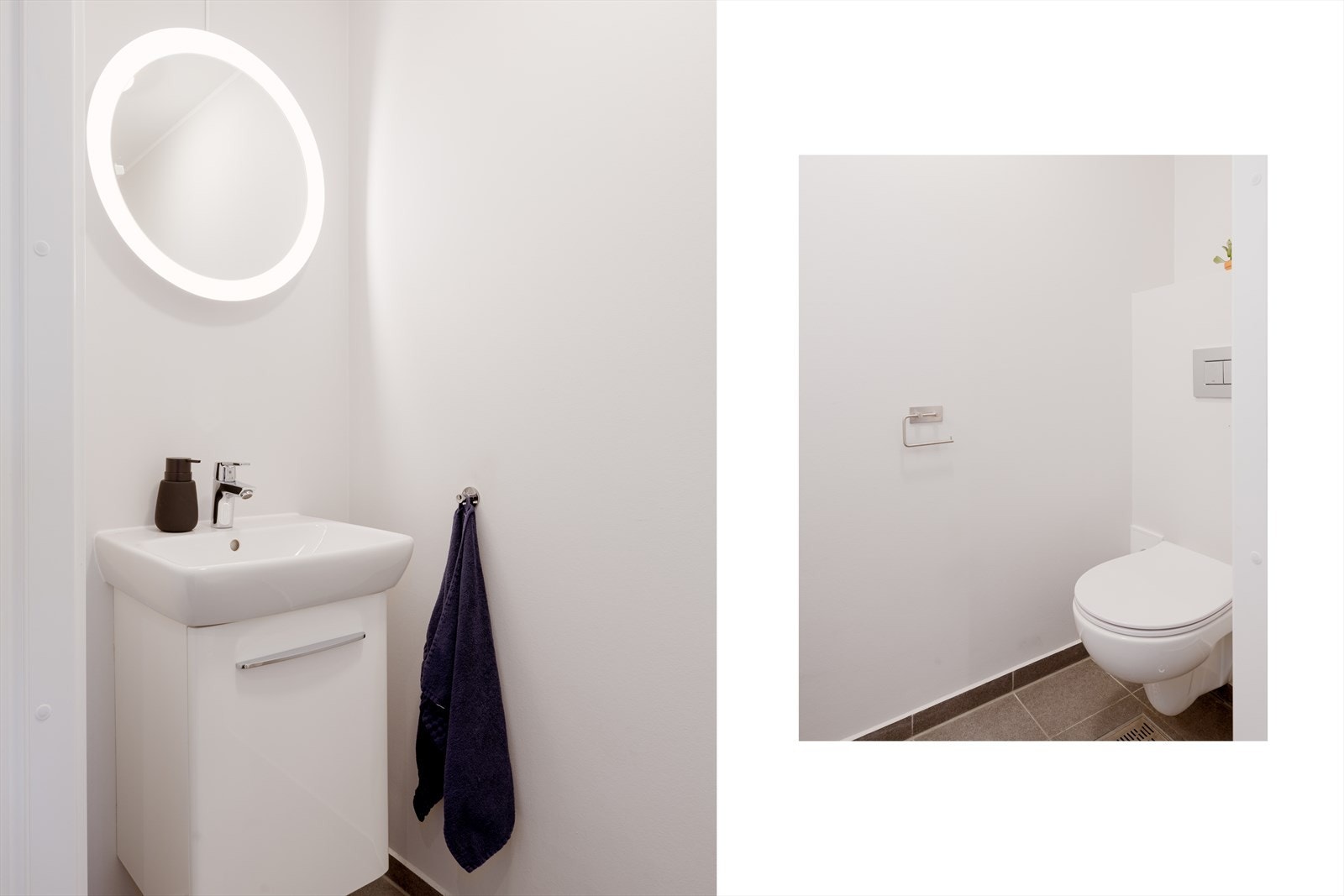 Praktisk toalettrom i første etasje med klosett, servant og speil med belysning. Galleribilde