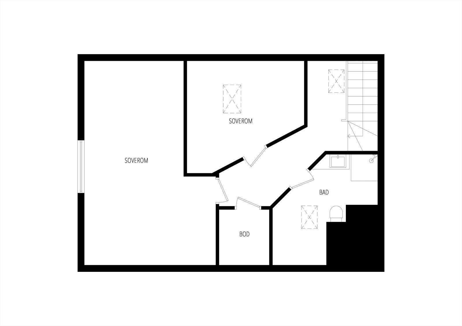 Plantegning loft. Soverom på loftet er i originale plantegninger definert som "loft" og er ikke godkjent som rom for varig opphold. Galleribilde