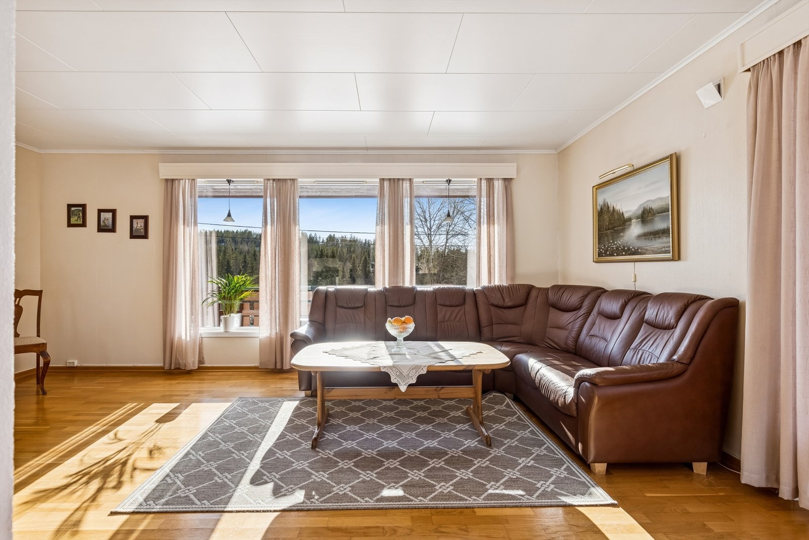 Rommet har god plass til en stor sofagruppe. Galleribilde