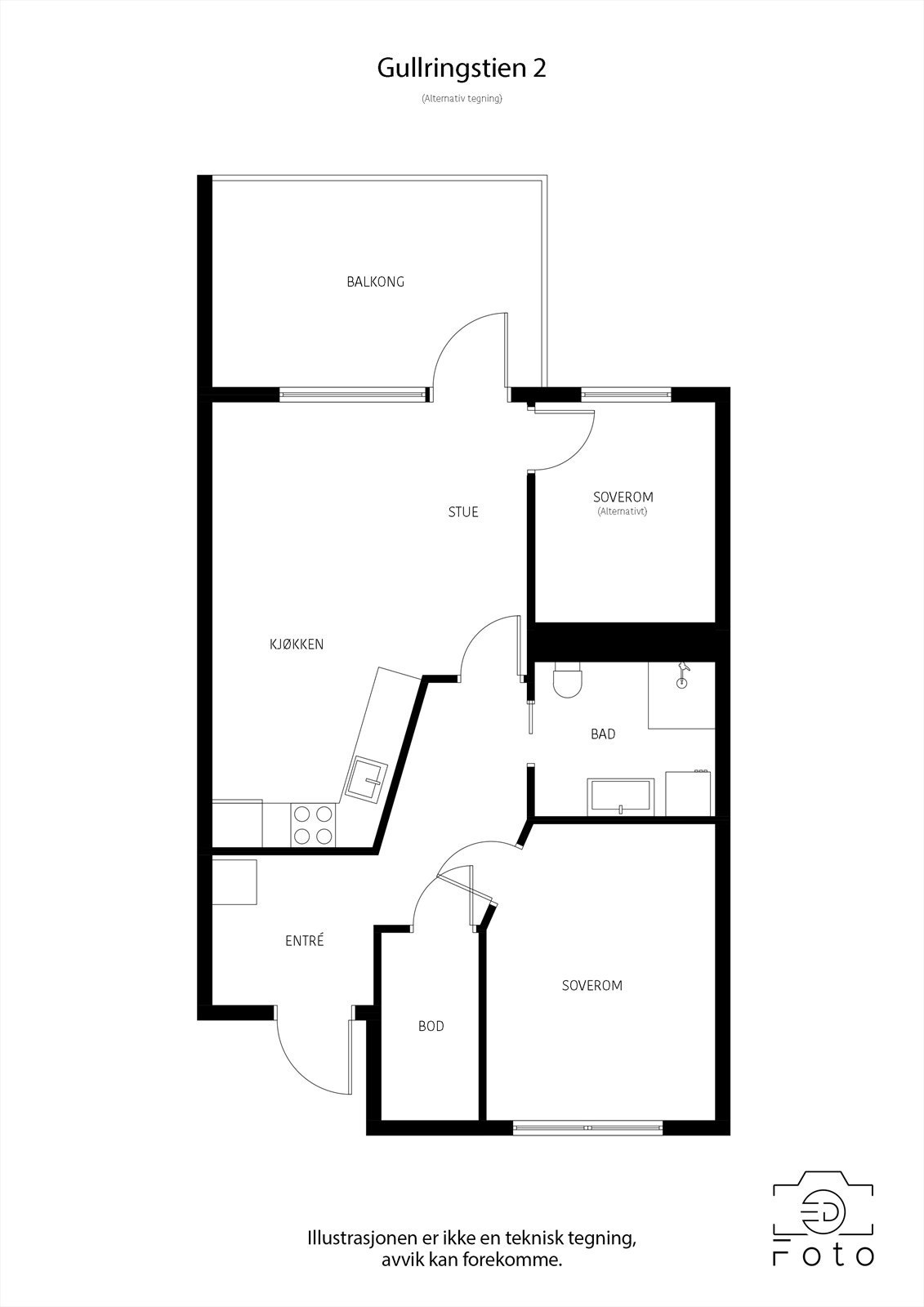 Alternativ planløsning med 2 soverom. Galleribilde